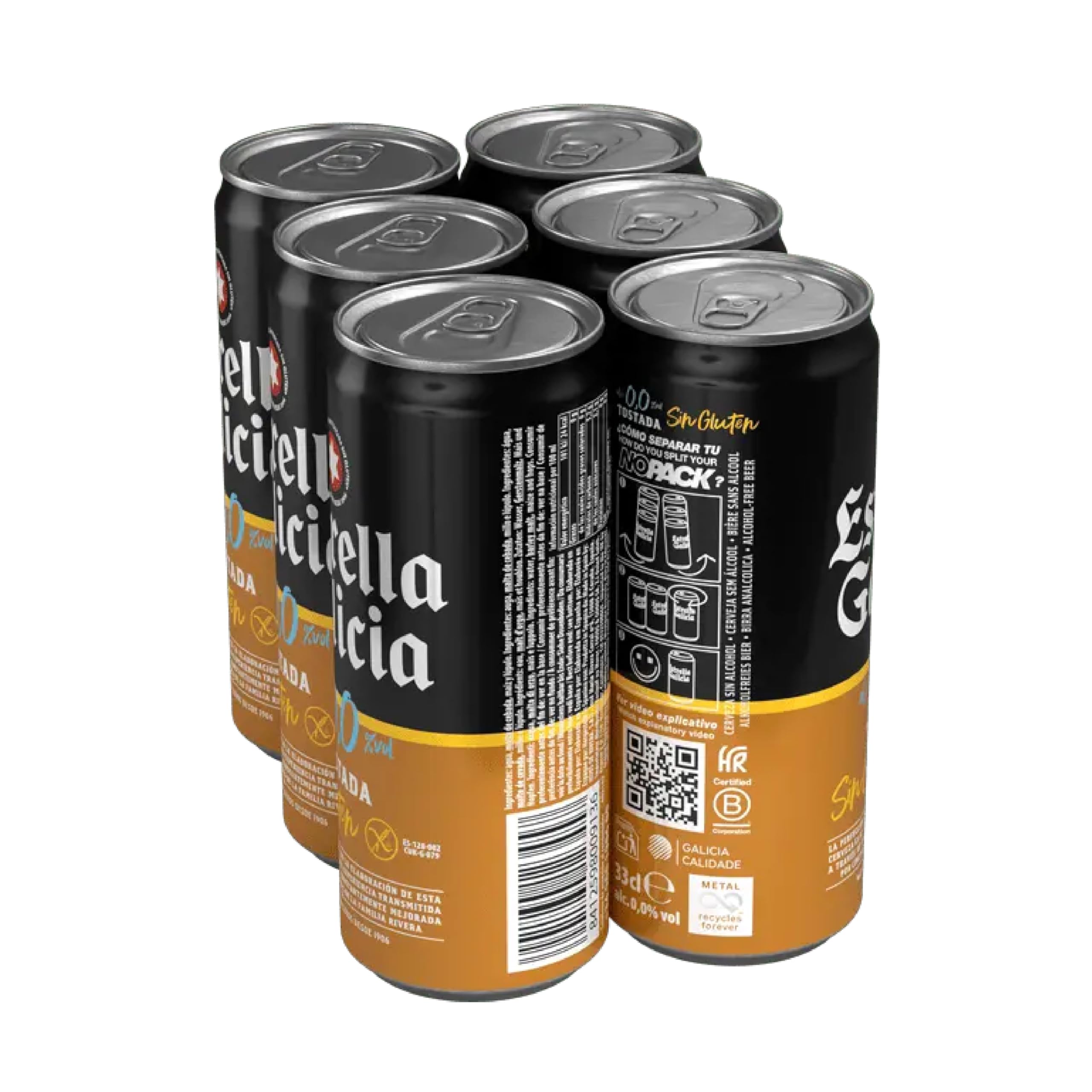 Estrella Galicia 0,0 Tostada Sin Gluten Cerveza Lager Sin Alcohol Pack 24 Latas 33 cl 0% Volumen