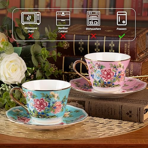 Miniatura 3 de KAMMAK Juego de 2 tazas de café y platillos de cerámica, tazas de café de porcelana con platillos, taza de café y té floral de cerámica hecha a mano