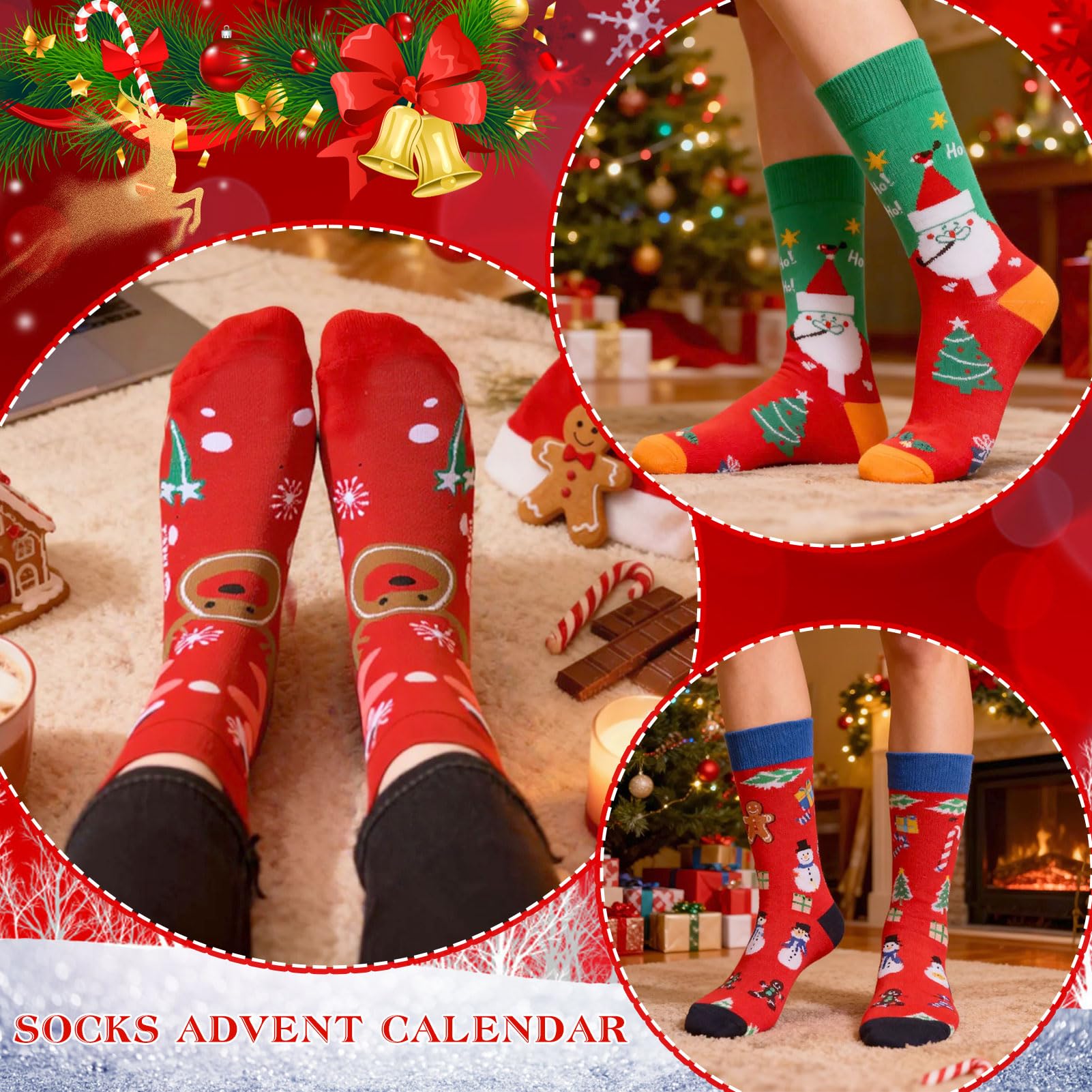 2025 Noël 24 pcs Socks Advent Calendar Cadeaux de Noël pour hommes femmes avec motif d'arbre de bonhomme de neige de Noël pour cadeaux de Noël Calendrier d'aventure