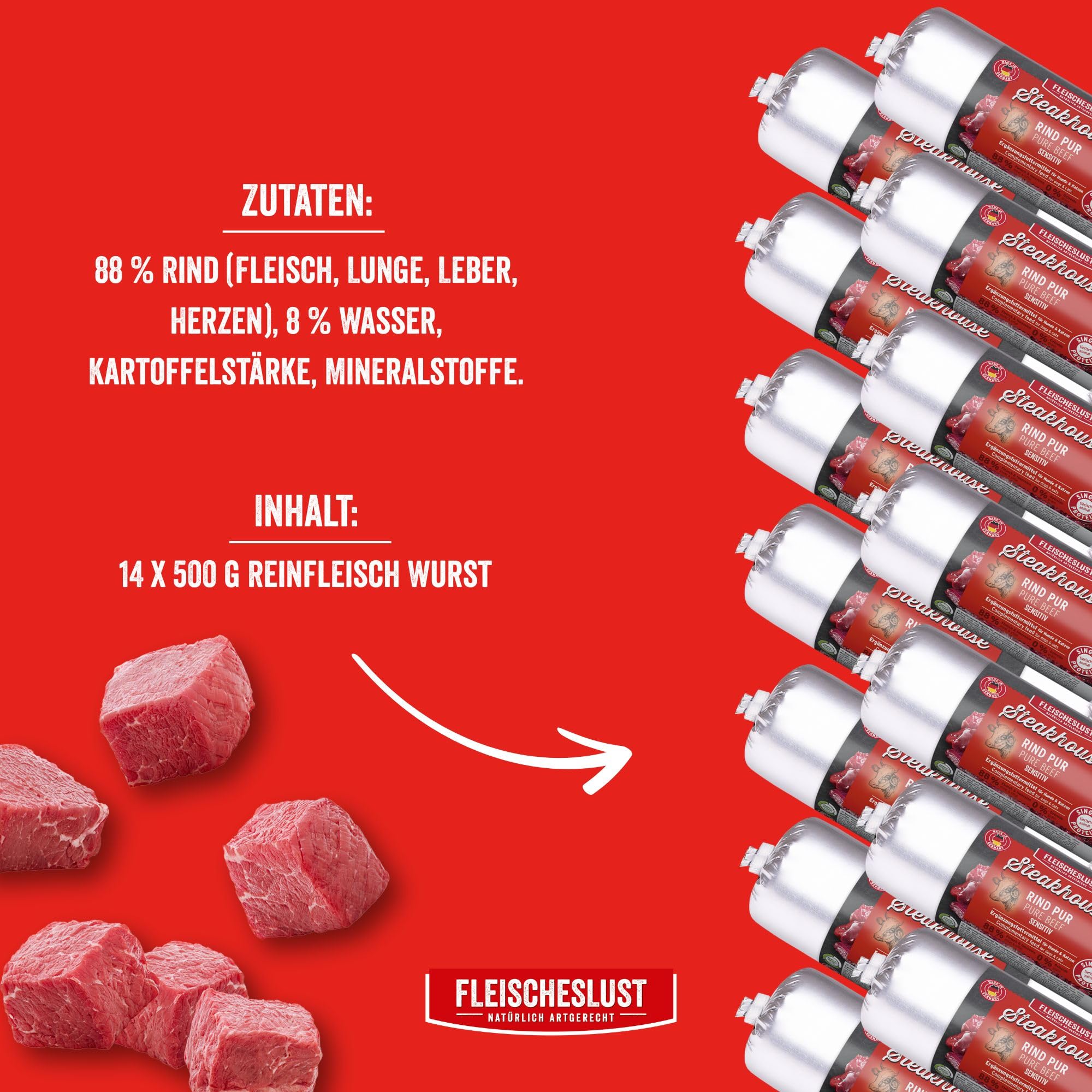 Steakhouse Rind pur (12x500g), Nassfutter für Hunde & Katzen, sensitives Ergänzungsfutter, Monoprotein, getreidefrei, 14x Wurst von Fleischeslust