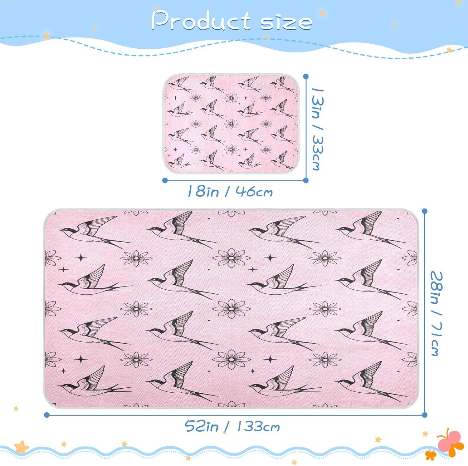 Cooling Baby Mattress pad 28" x 52" Breathable Sparrows Flowers American Traditional Tattoo Crib Mattress pad for Baby&Toddler