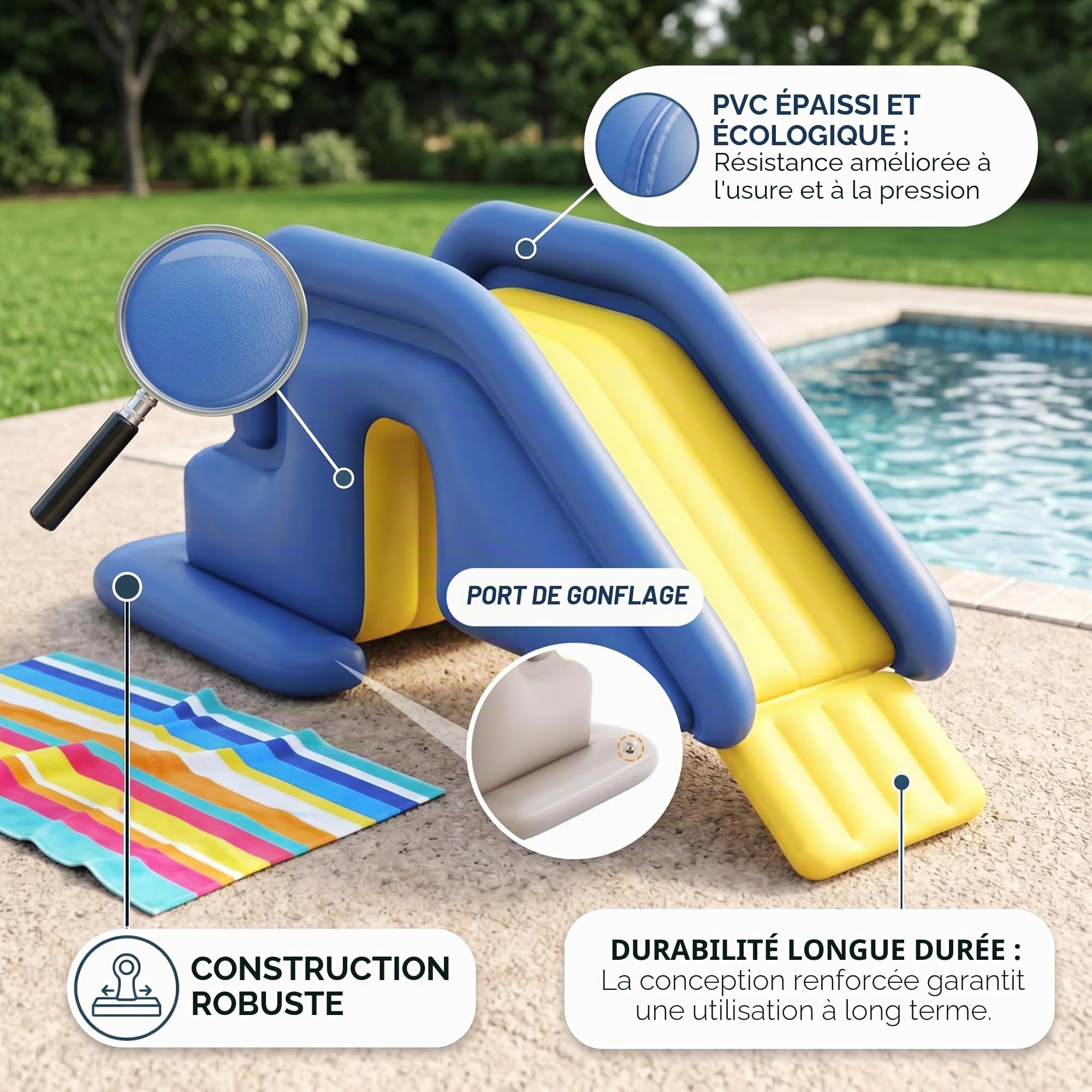 Toboggan Aquatique Gonflable en PVC pour piscines enterrées et Hors-Sol avec Pompe à Pied Anti-basculement et Portable Bleu.