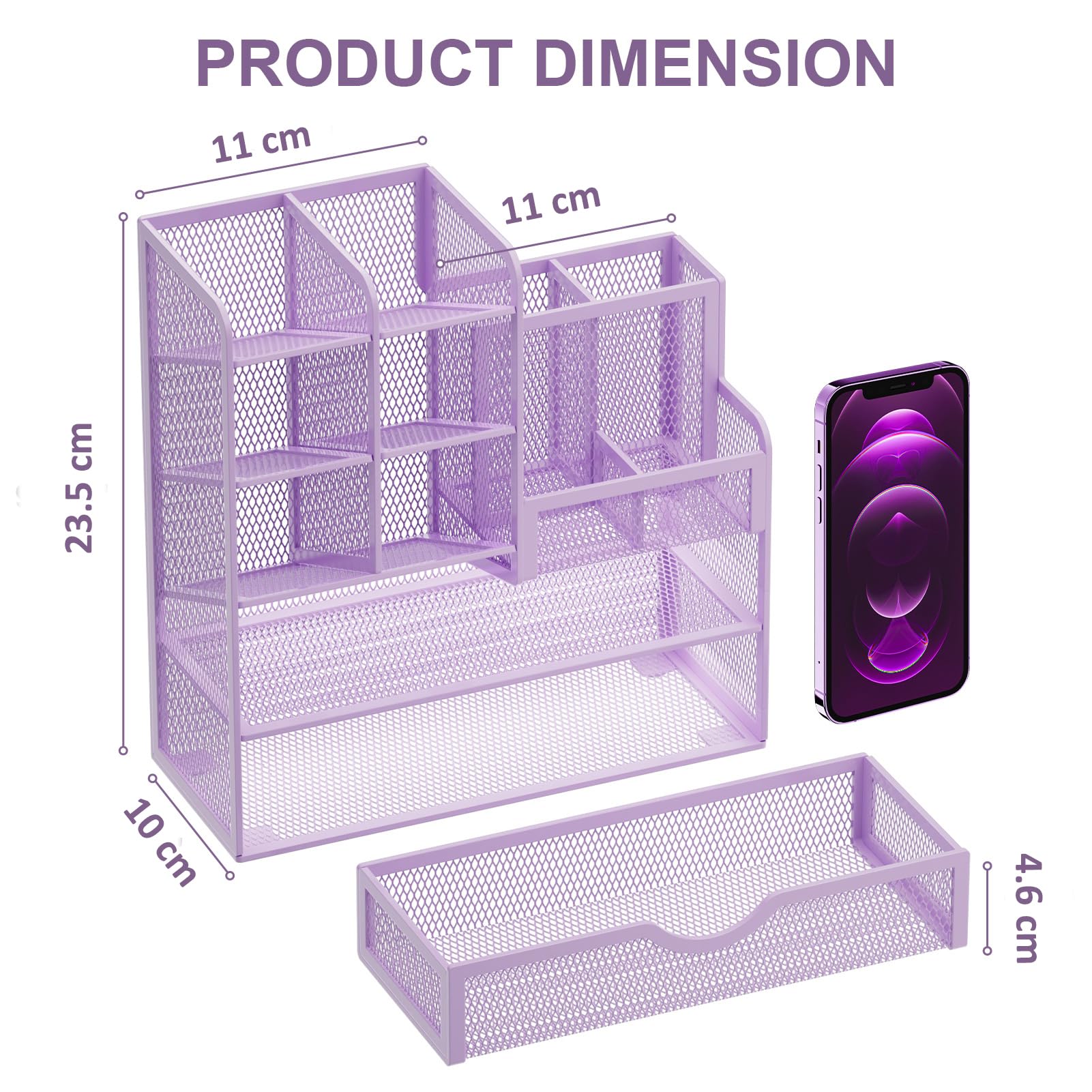 Marbrasse Organizer Scrivania in Rete,Organizer per Cancelleria,Multifunzione Porta Penne con Cassetto,Portaoggetti da Scrivania per Casa Ufficio(Viola)