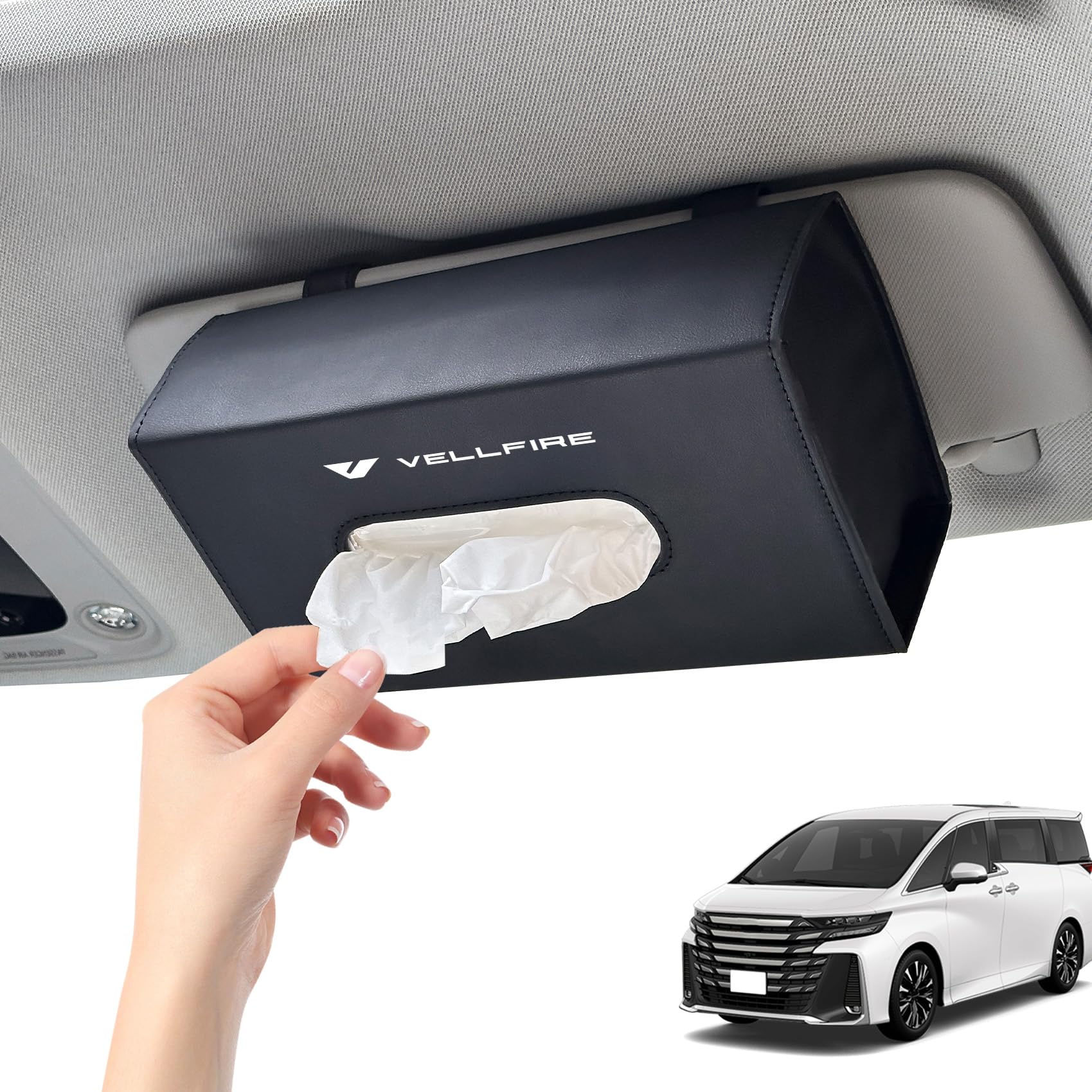 SUVVNE ヴェルファイア 40系 専用 車用ティッシュボックス 挟み込み式 マグネット脱落防止 PUレザー 大容量 ロゴ入り 防汚耐摩耗 サンバイザー カスタムパーツ ブラック