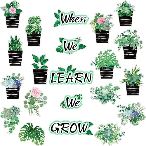 Pajean 58 piezas de decoración de tablero de anuncios de plantas suculentas en maceta, decoración de eucalipto para el aula, When We Learn We Grow