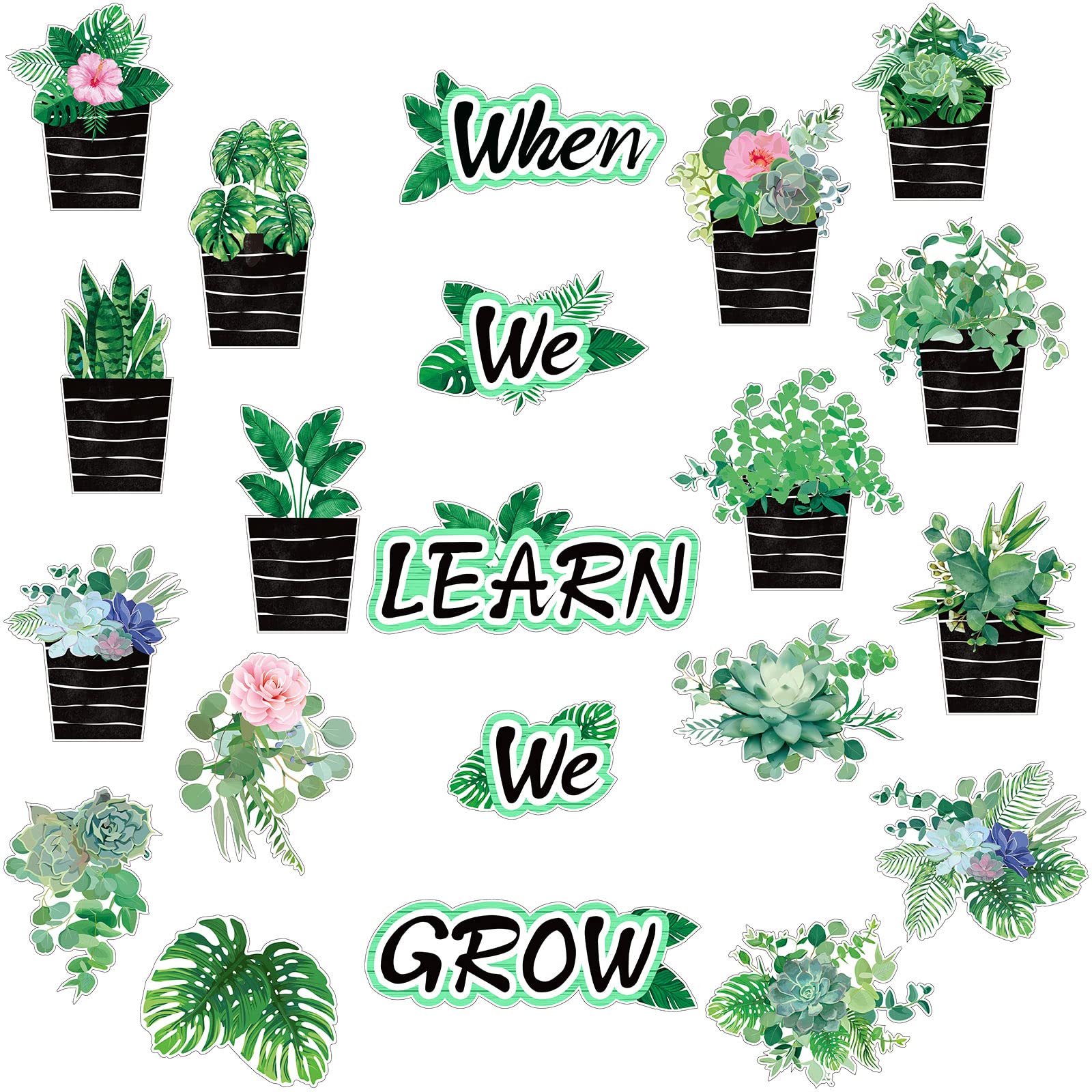 Pajean 58 Pcs Succulent Potted Plant Bulletin Board Decoration Eucalyptus Classroom Decor When We Learn We Grow Positive Cutouts with 120 Pcs Glue