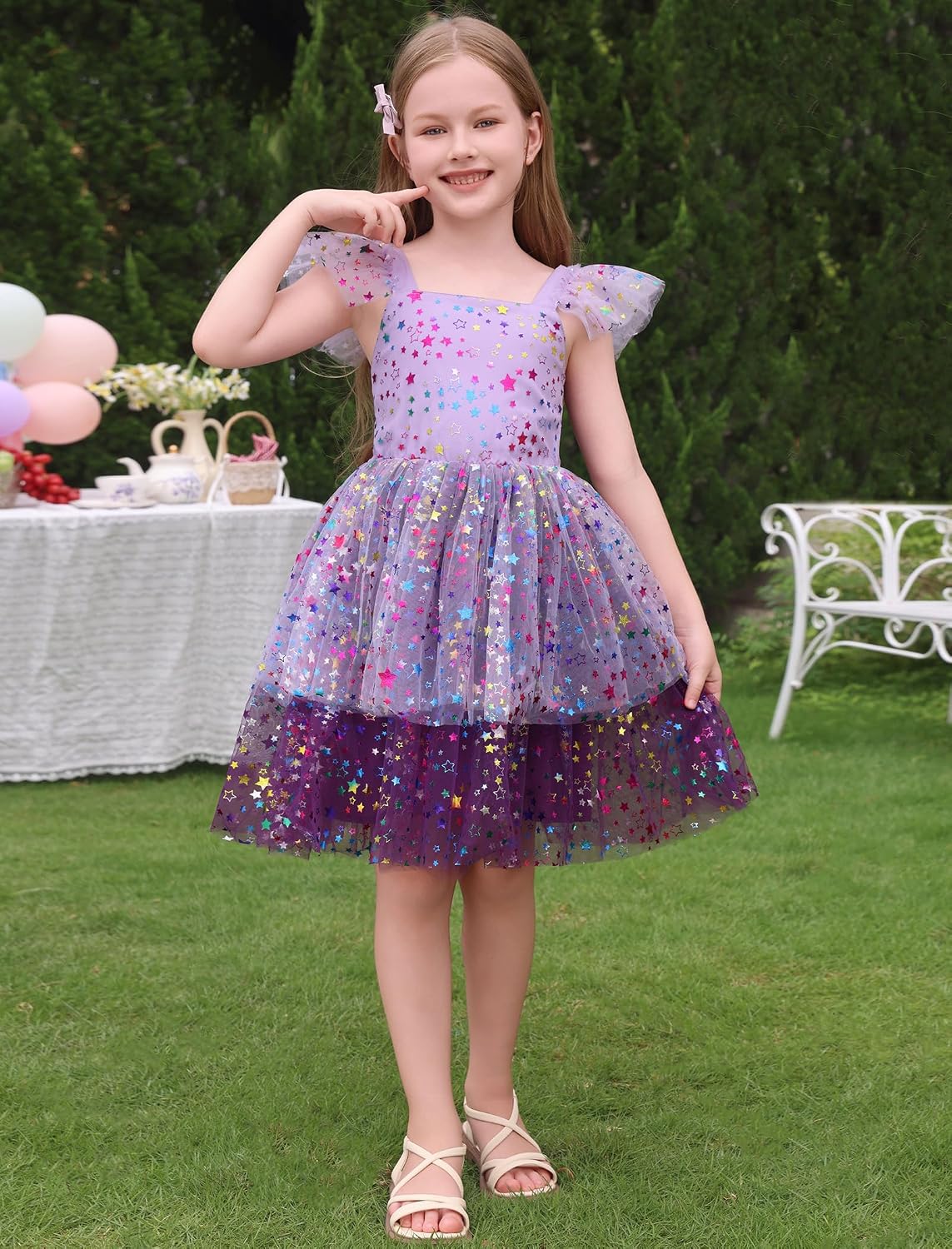 Toddler Kids Girls Sparkly Stars Double Layered Ruffle Dress Birthday Party Dresses Photo Shoot