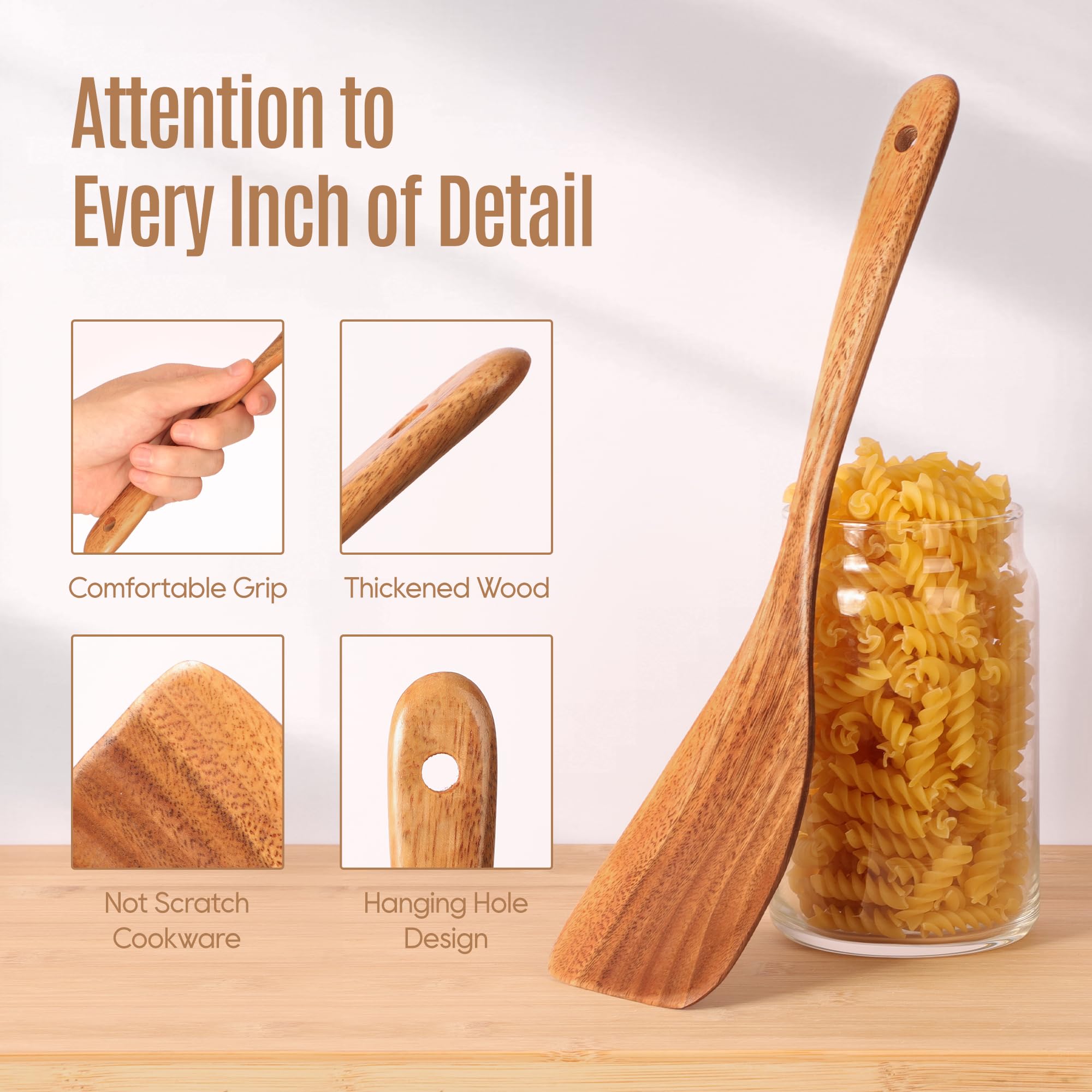 Juego de 7 cucharas de madera para cocinar, utensilios de cocina de teca natural, superficie lisa antiadherente, utensilios de madera de agarre suave y cómodo para cocinar