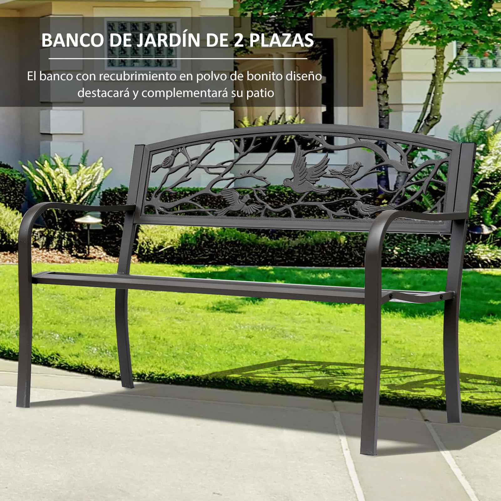 Outsunny Banco de Jardín de Acero Banco de Exterior con Apoyabrazos y Respaldo con Imagen de Animales Carga 240 kg para Patio Terraza 127x60x85 cm Marrón
