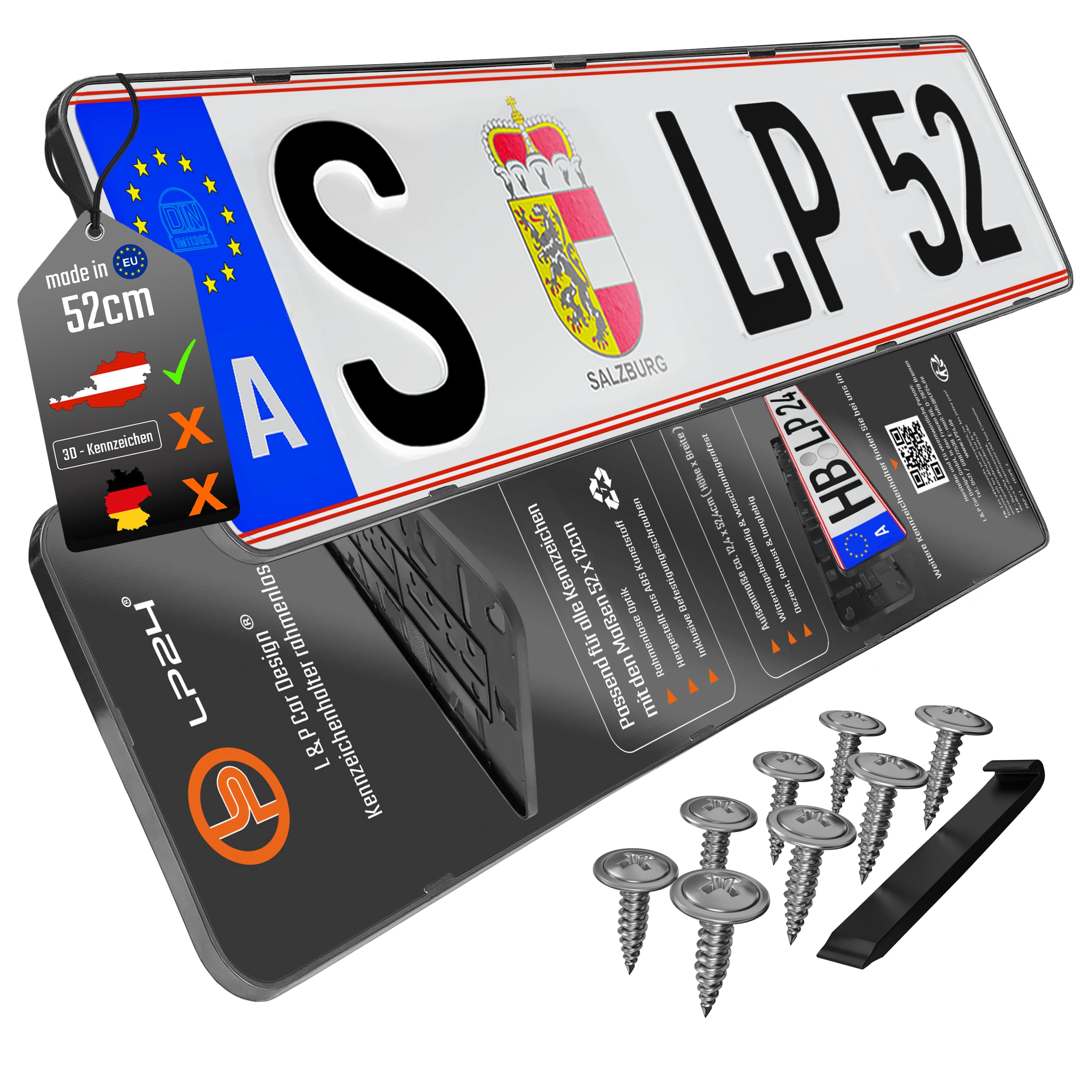 2 Kennzeichenhalter Rahmenlos Österreich - für AT 52x12cm - Kennzeichenhalterung Auto [dezent & sicher] - Nummernschildhalterung Nummernschildhalter Kennzeichen Halterung für KFZ PKW - schwarz