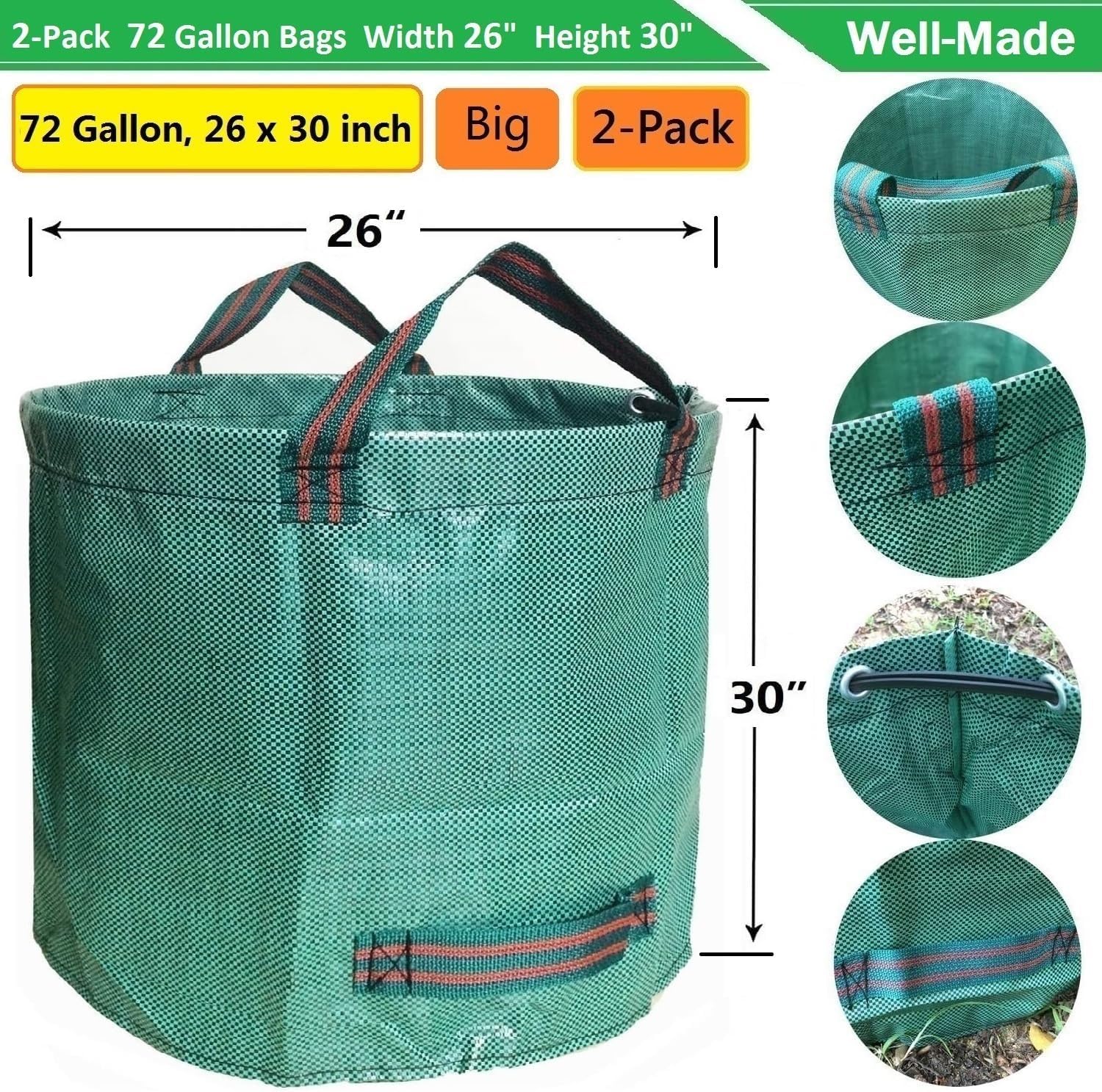 Professionelle 2er-Pack 72 Gallonen Yard Gartensäcke (D26, H30 Zoll) mit wasserdichten Gartenhandschuhen, Campingabfallbeutel, Grasclippingsbeutel, Hofabfallbeutel, Recyclingbeutel mit 4 Griffen