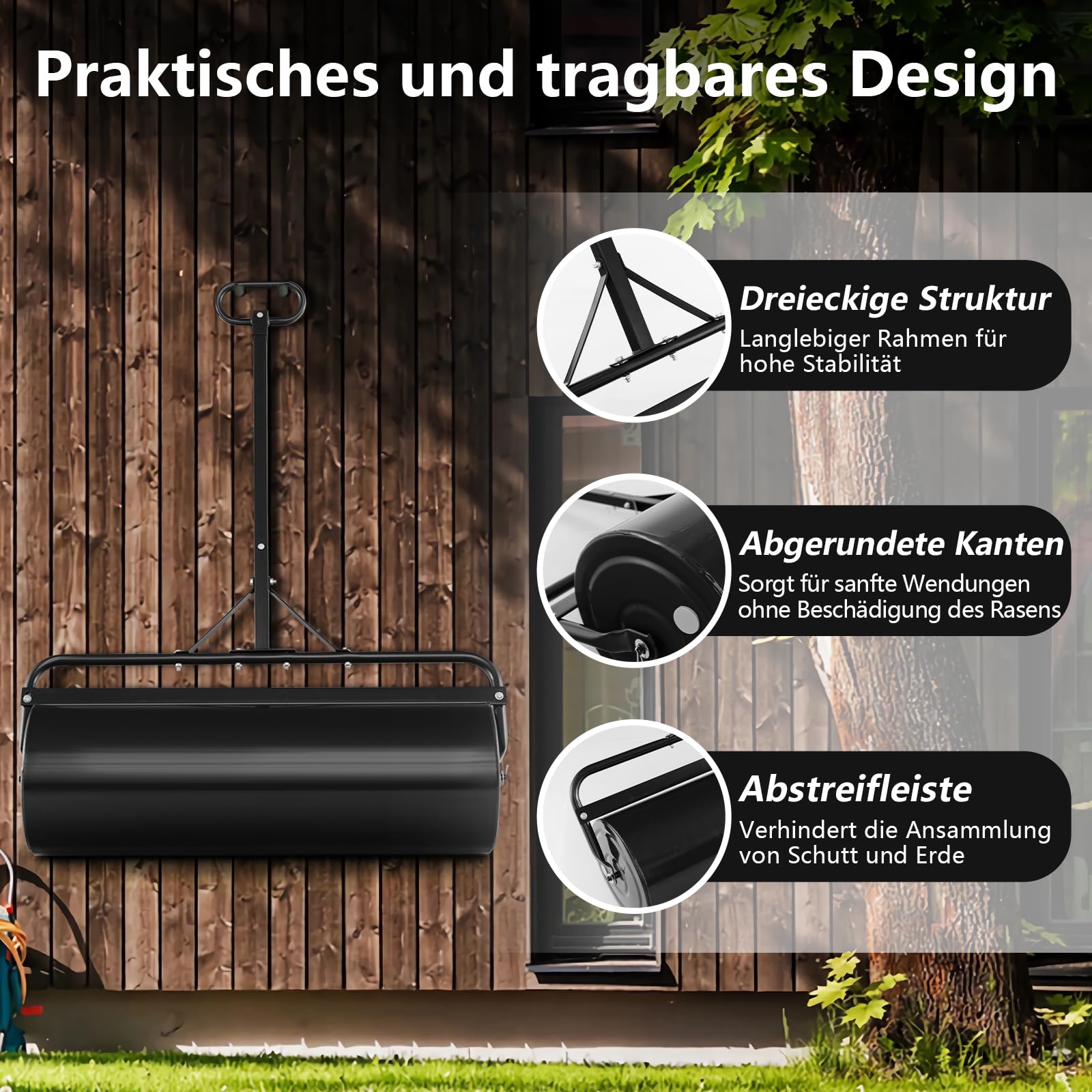 RELAX4LIFE 63L Bodenwalze, Ø 30 cm Gartenwalze Metall, Rasenwalze mit U-förmigem Griff, Handwalze Befüllbar mit Wasser/Sand, 3-in-1 verwendbare Rasenrolle, Füllvolumen für Boden Wiese Frost (Schwarz)
