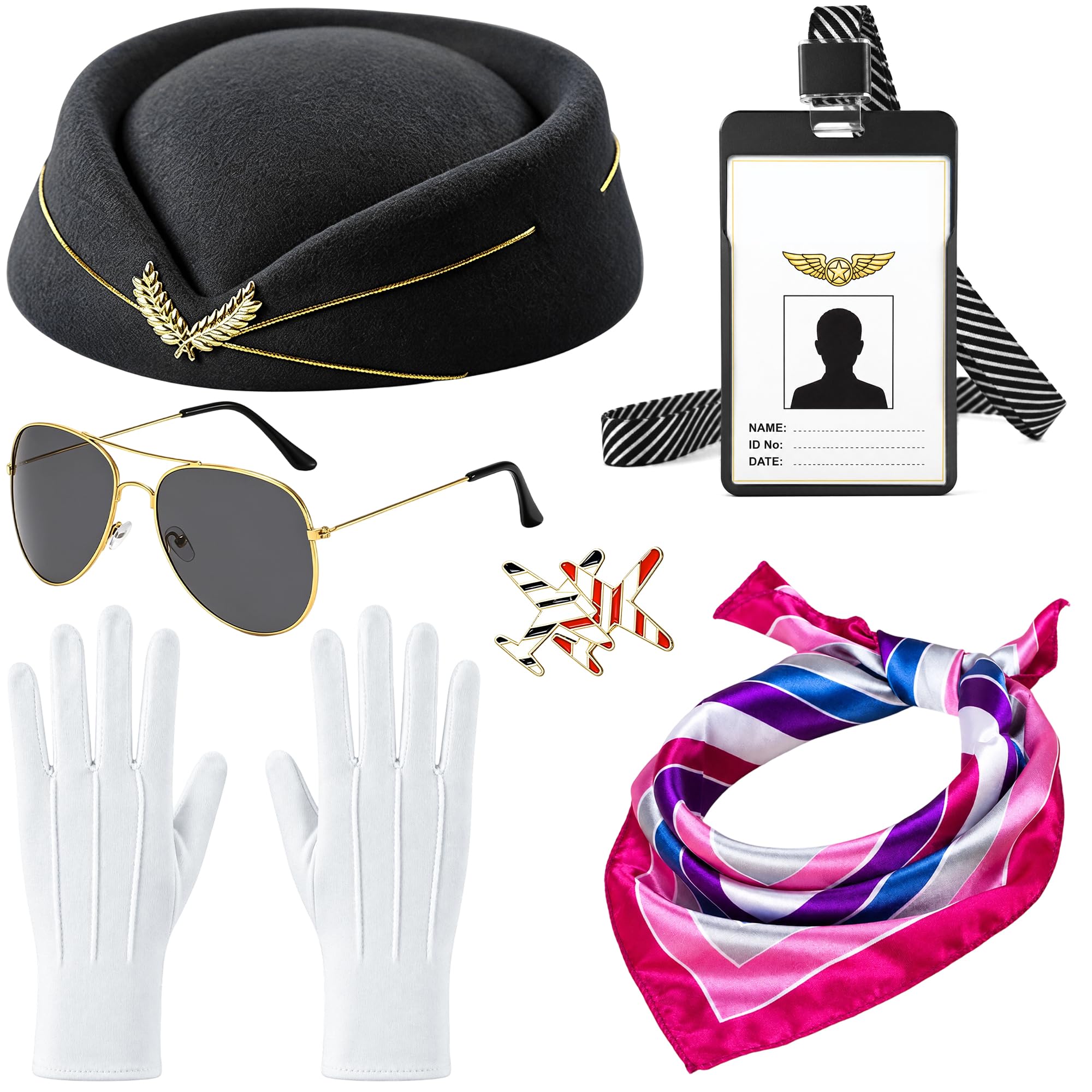 CozDazz 6PCS Flight Attendant Costume Accessories for Women, Air Hostess Costume Set with Hat Scarf Gloves Sunglasses ID Card & Plane Brooch, Stewardess Pilot Costume Women Fancy Dress