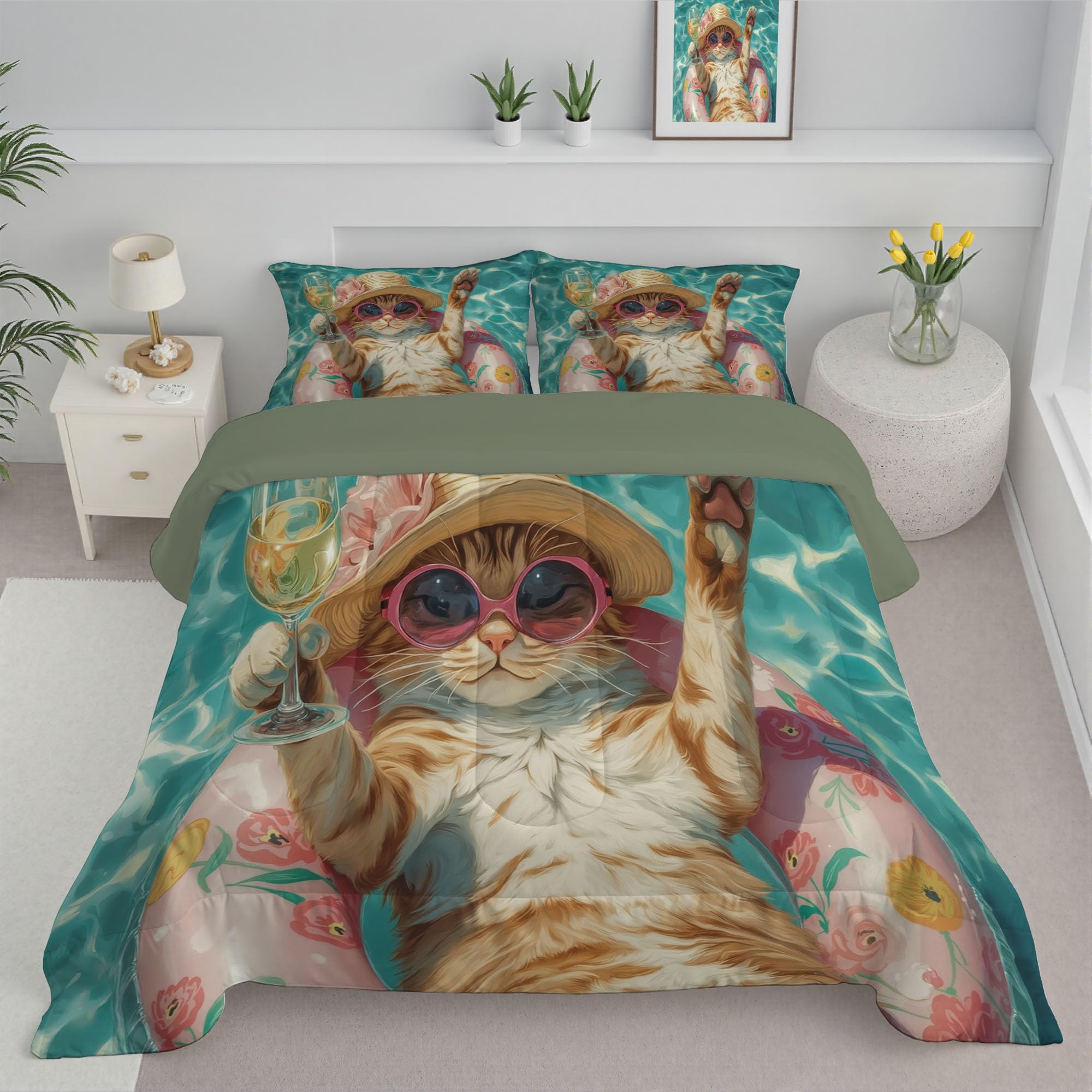 Edredon Cama 135/150 Piscina Gato Naranja Estampado Infantil, Edredón Nórdico 4 Estaciones 240x220cm, Colcha Transpirable De Microfibra Lavable Luz Solar Abstracto Animales, 2 Fundas De Almohada