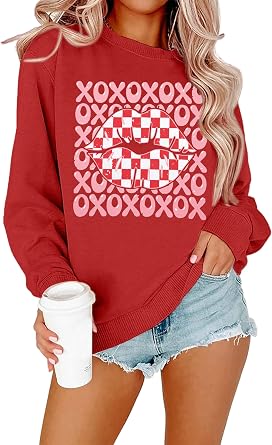 FAYALEQ Valentines Shirts for Women, Crewneck Sweatshirt with XOXO Lips Graphic, Valentines Day Pullover Gift