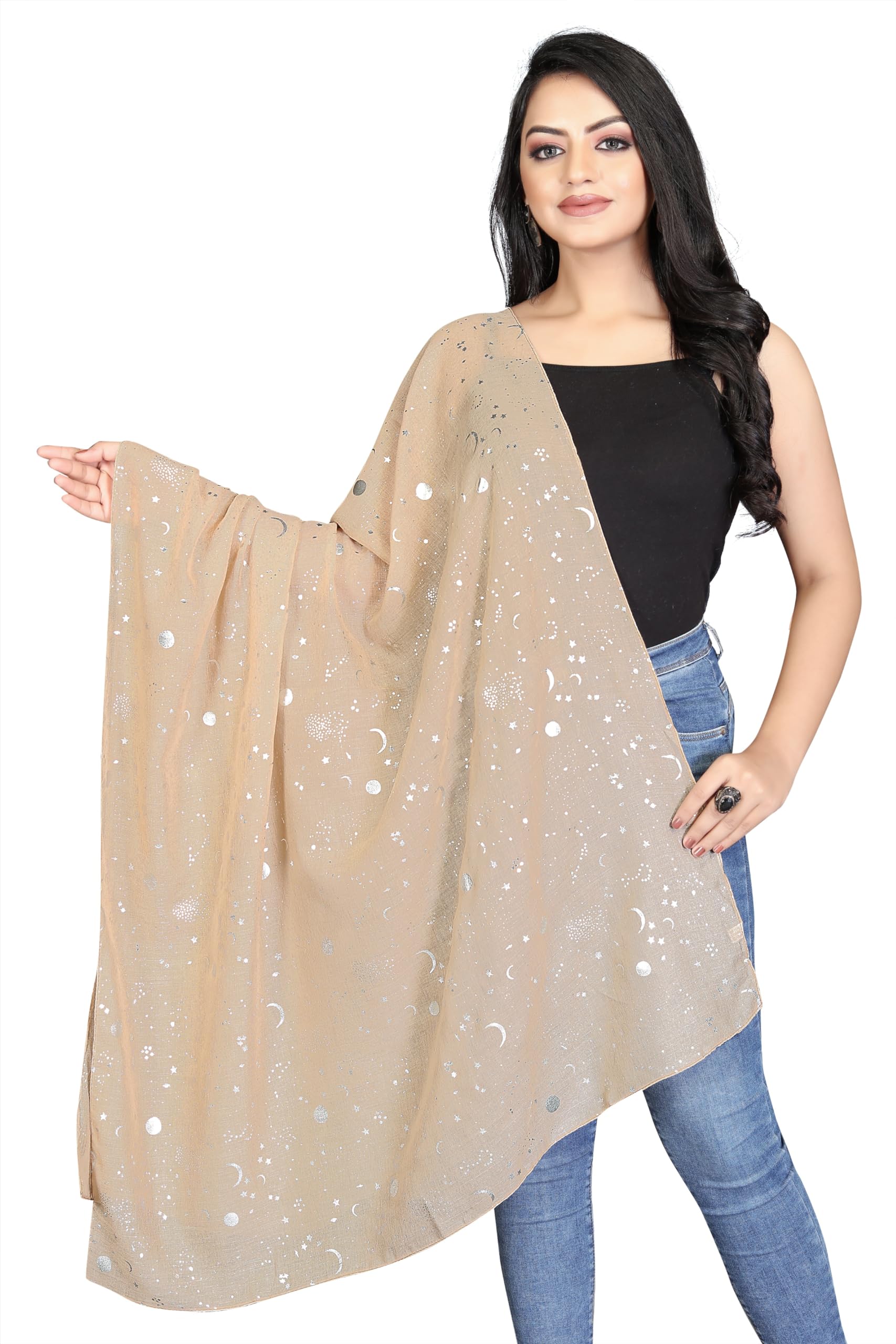 Star Sparkle Scarves for Women's Lightweight Shawl Wedding Foil Print Scarf Wrap Stars and Moons (Gold)