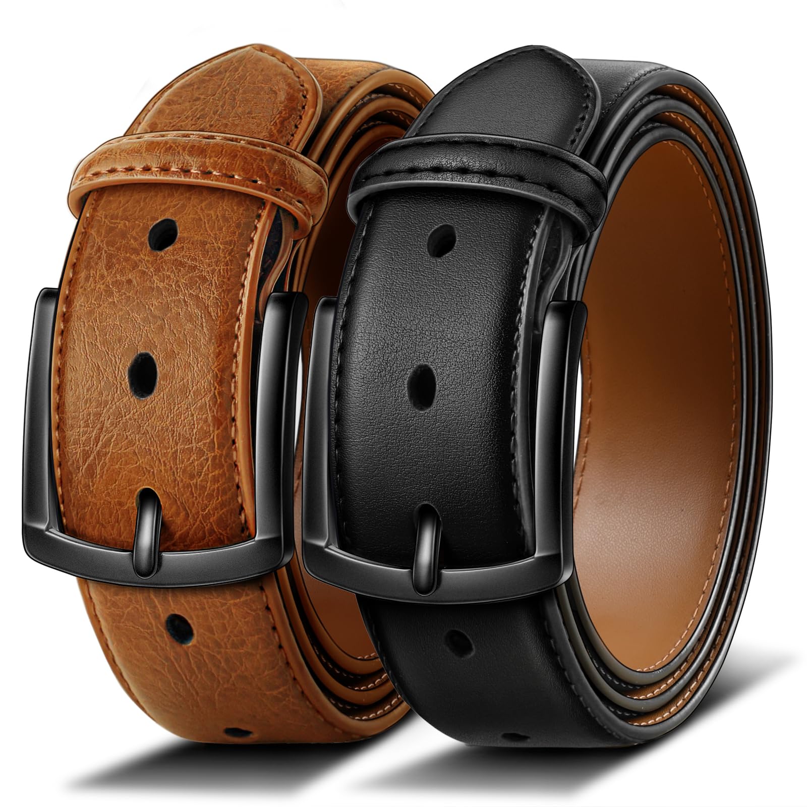 BULLIANT Gürtel Herren 2er Pack Ledergürtel mit 7 Löchern,Komfortabel für Anzug,Freizeit und Jeans,Breite 35mm