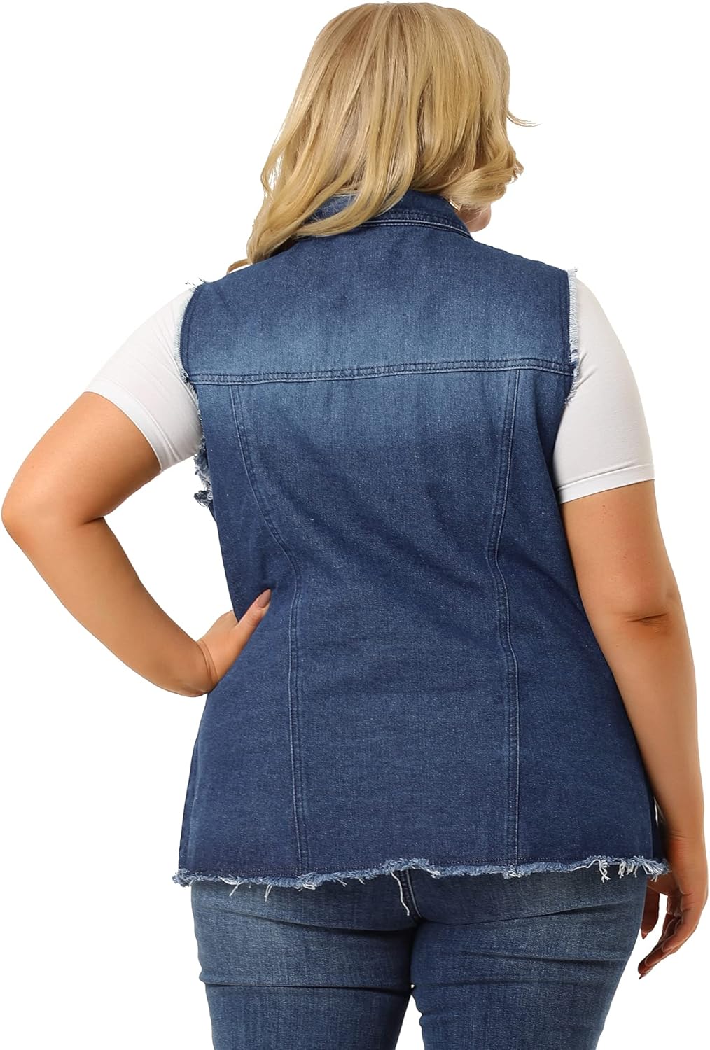 Agnes Orinda Denim Jackets for Women 2025 Plus Size Button Front Lapel Frayed Washed Sleeveless Long Jean Vest - Image 5