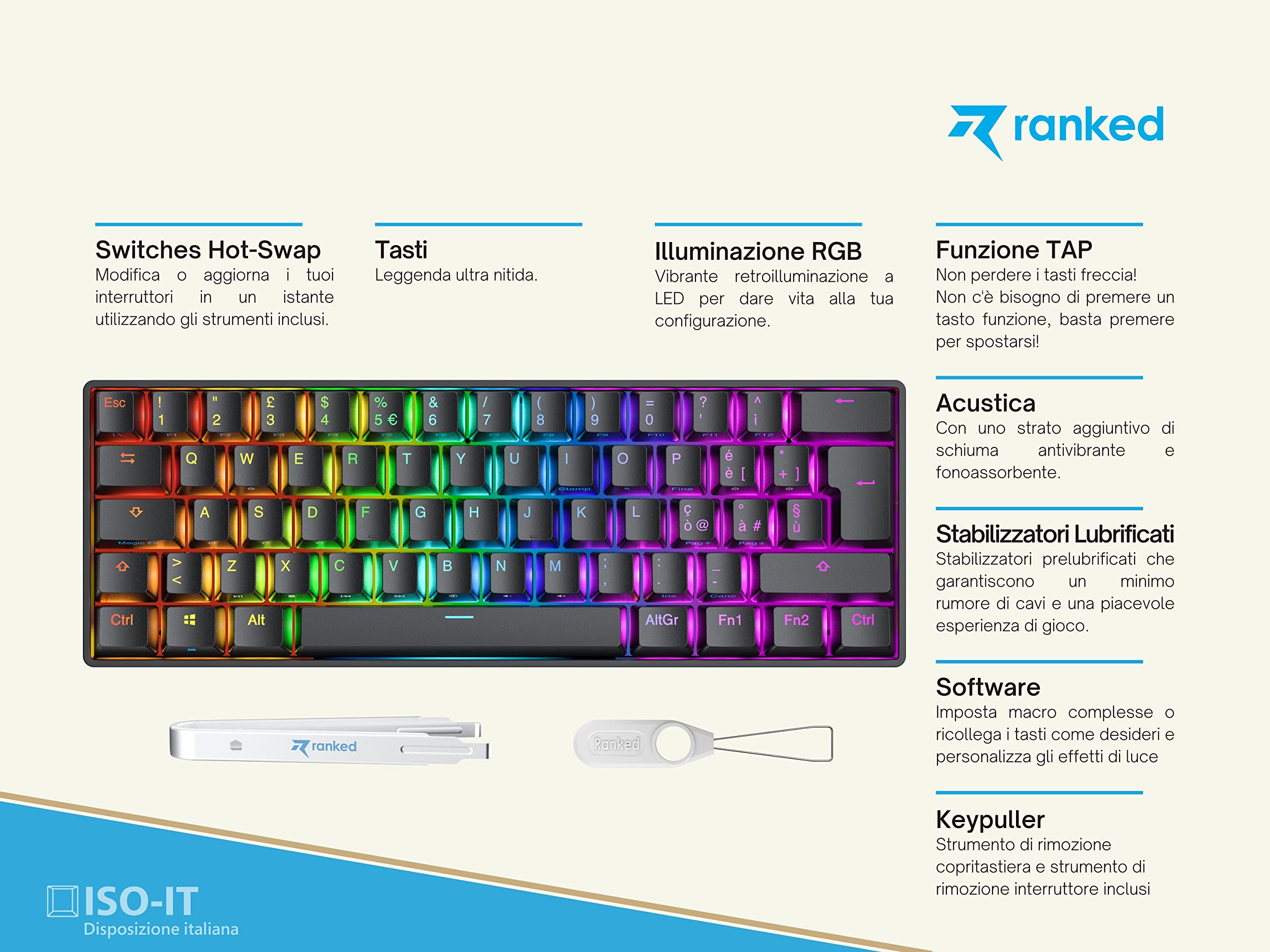 Ranked S60 Supernova Tastiera da Gioco Meccanica Mini 60% | Hotwap Gaming Keyboard | 62 Tasti LED RGB | Cavo USB | Per Mac, PC Windows | Layout italiano QWERTY ( Nero , Gateron Optical Brown )