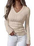 Womens Long Sleeve Cable Knit Sweater 2025 Fall Fashion V Neck Fitted Pullover Top Business Casual Work Fall Outfits