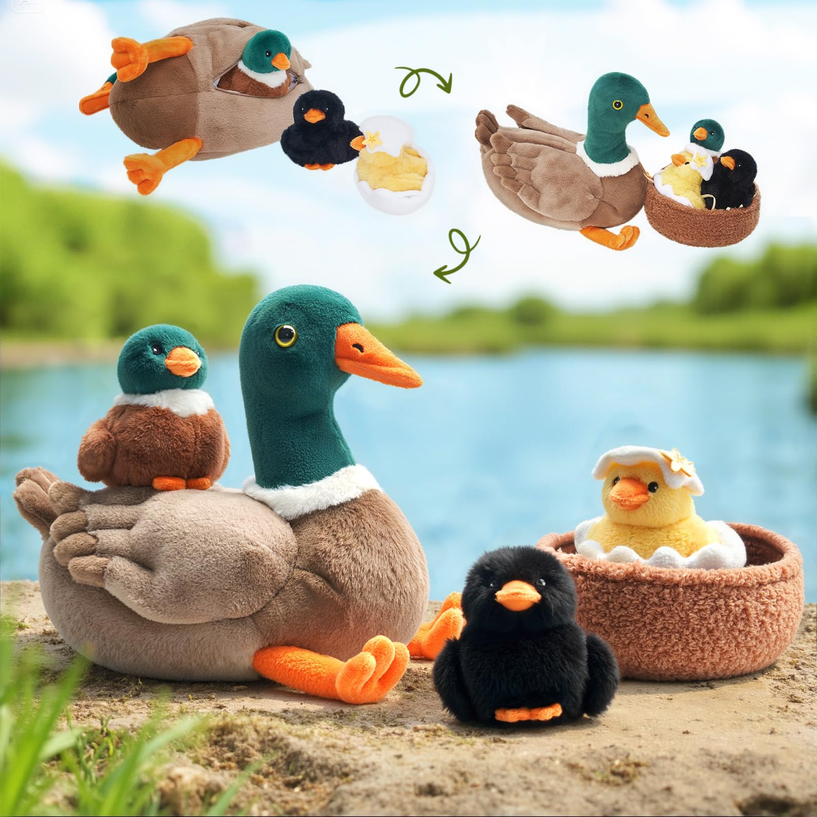 OUOZZZ Mallard Duck Teddy & Duck Toy Set - Soft Plush Mummy & Three Ducklings - Cuddly Gift for Kids, Family-size