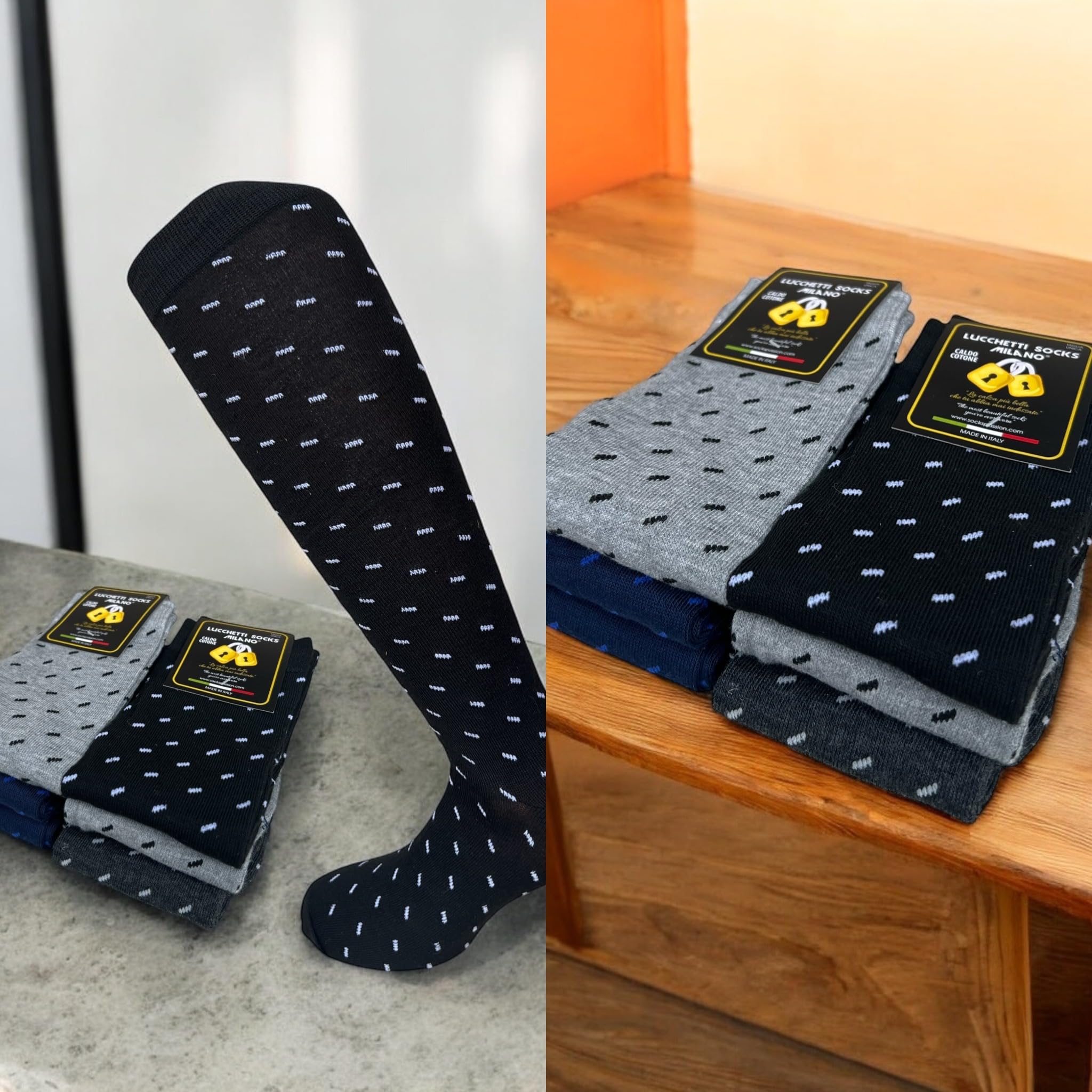 Lucchetti Socks Milano Set da 6 Paia di calze uomo lunghe caldo cotone colorate tendenza pois fantasia fashion Made in Italy