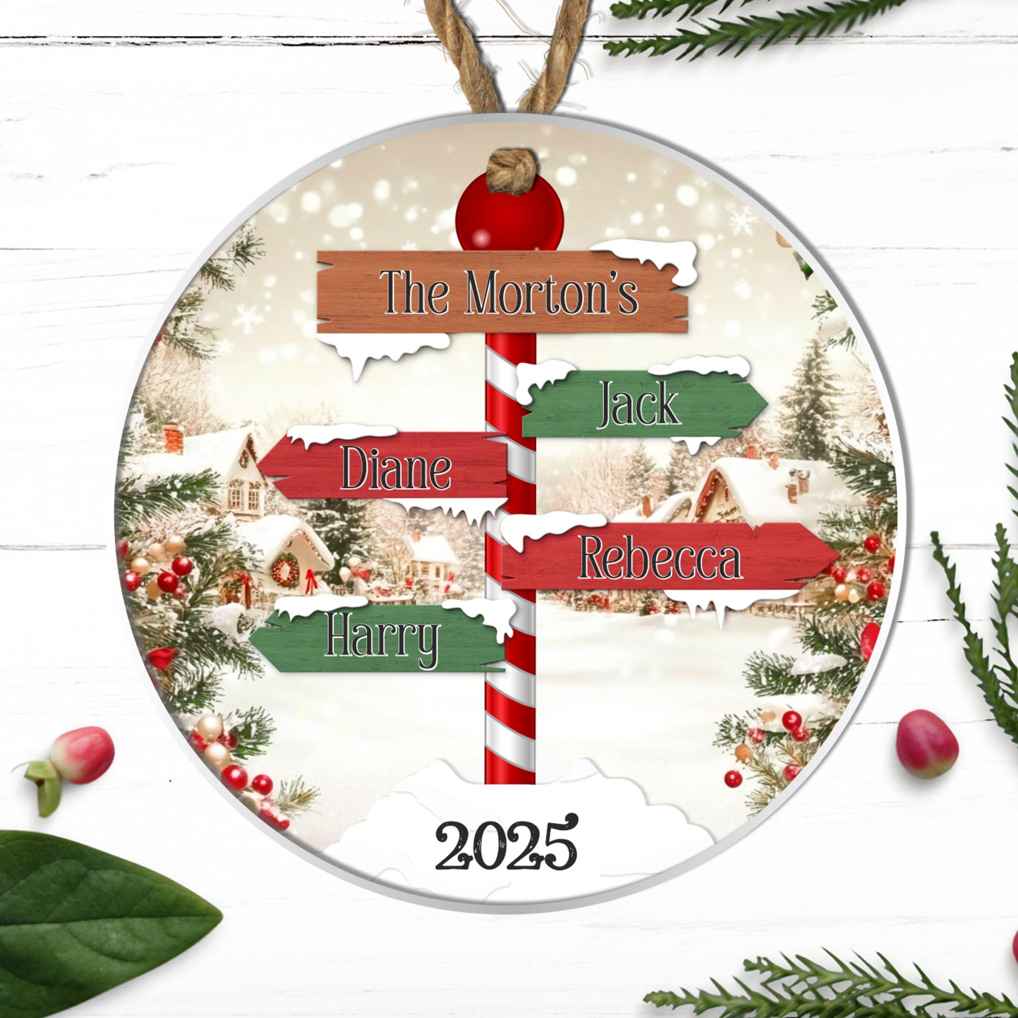 Personalised Winter Family Signpost Hanging Tree Decoration - Custom Children's Names Round Bauble with Snowy Scene for Family Keepsake Gifts (4 Sign posts, Acrylic - Indoor & Outdoor Use)
