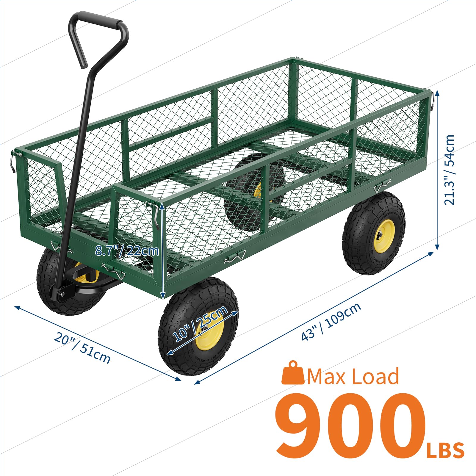 Garvee Chariot de Jardin Robuste 900LBS – Sides en Maille Amovibles – Poignée réglable – Pneus 25 cm – Corps Vert, poignée Noire, Rayons Jaunes