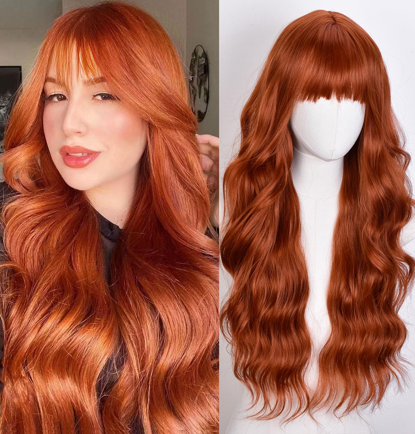 CoCrowns Wig with Bangs Long Wavy Wigs for Women Long Curly Synthetic Wig for Party Daily Use (Ginger), 22.5 inches - Image 3