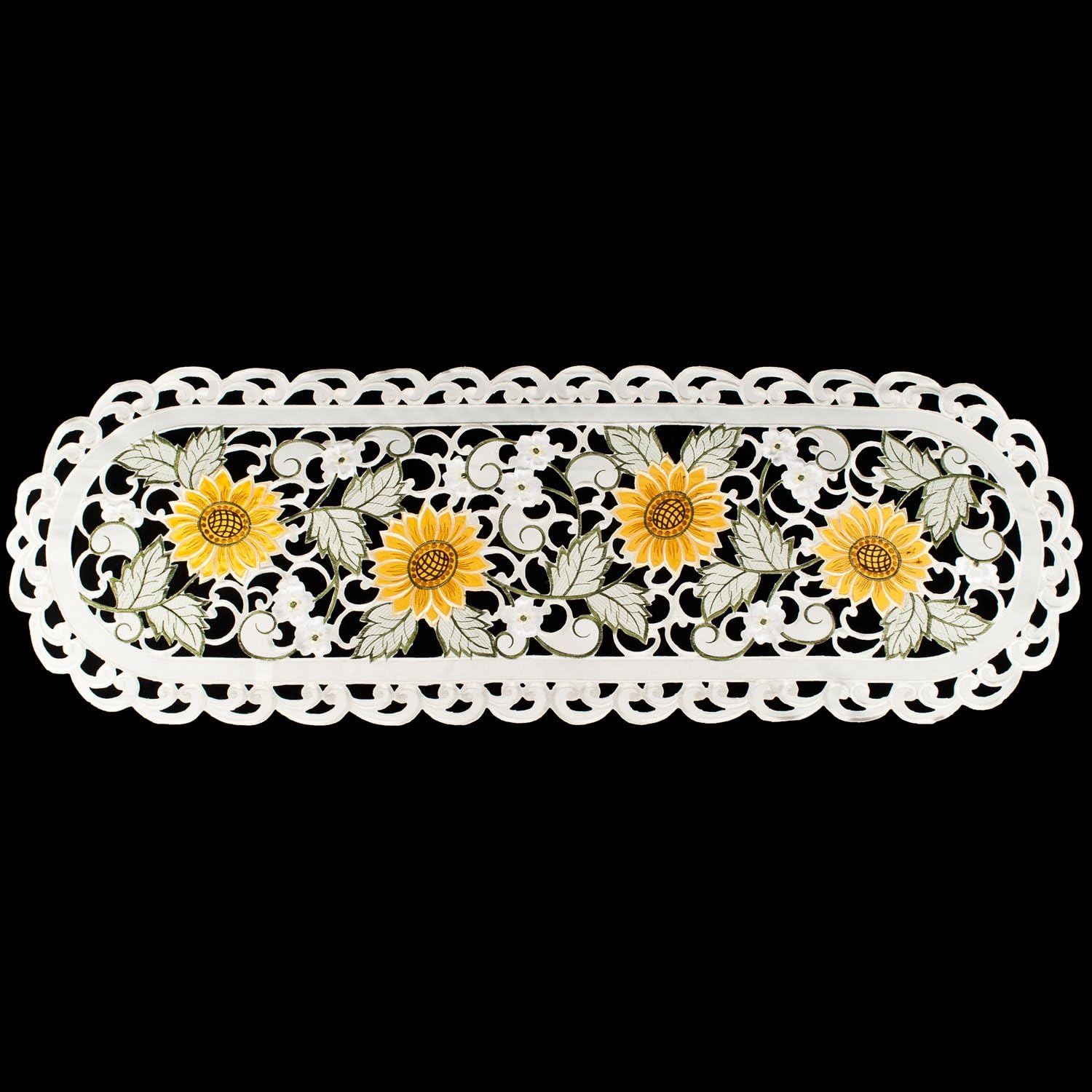 Embroidered Open Weave Sunflower and White Daisy on Ivory Table Runner, Dresser Scarf (16Wx54L)