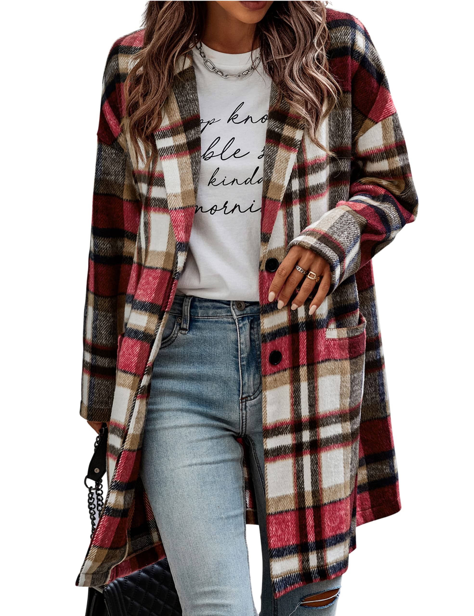 APAFES Red Plaid Shacket Womens Long Suit Collar Fall Flannel Jackets Trench Pea Coat