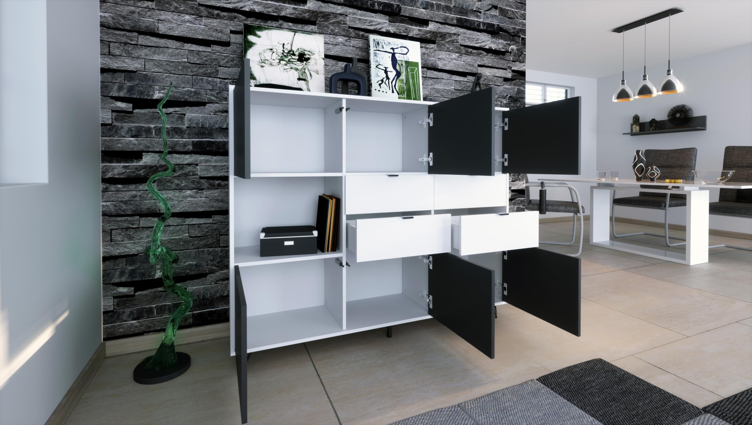Vladon Highboard Milano V2, Sideboard mit 6 Türen Weiß matt und 4 Schubladen Eiche Evoke, Made in Germany, Korpus Weiß matt (152,5 x 118x 37 cm)