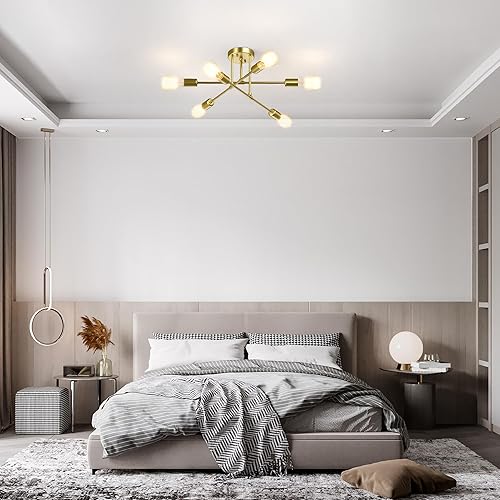Miniatura 7 de Moderna lámpara Sputnik de techo, 6 luces de 22 pulgadas, de metal industrial de mediados de siglo, montaje semiempotrado para comedor, dormitorio,