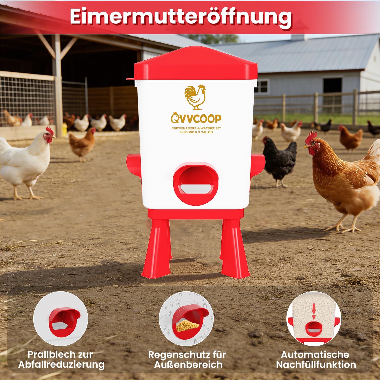 Futterautomat Hühner und Hühnertränke 11 Liter, Wassertränke Hühner mit 5 Bechern und 3 Futteröffnungen, Keine Verschwendung, Geflügeltränke, Hühnerzubehör für Hennen/Enten/Geflügel/Vögel, Rot
