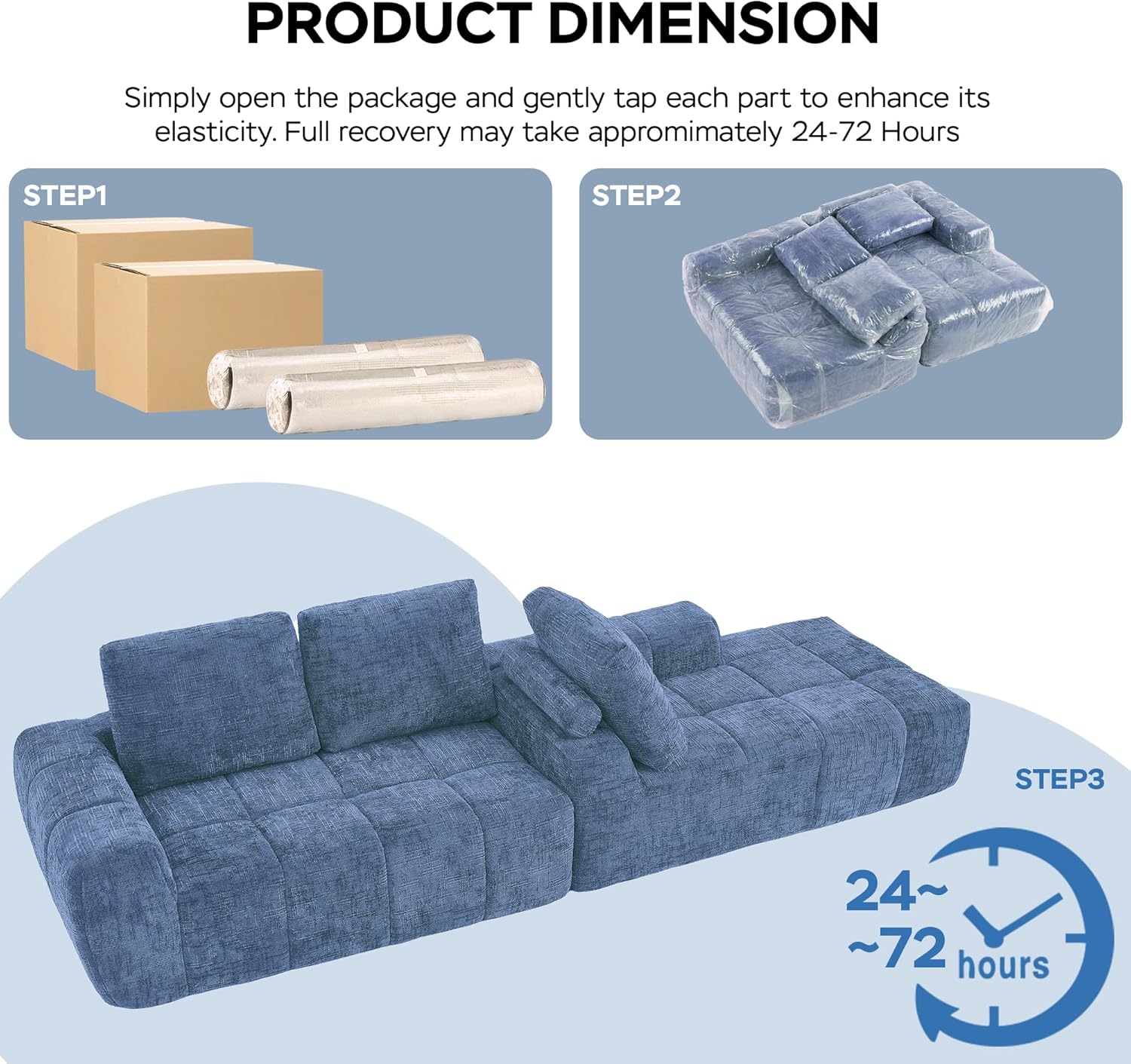 Wovenbyrd 100 Inch L-Shaped Sectional Couches for Living Room, Compressed 3-Seat Sofa with Soft Chenille Fabric and Chaise, Cloud Couch for Bedroom and Apartment, No-Assembly Design (Blue)