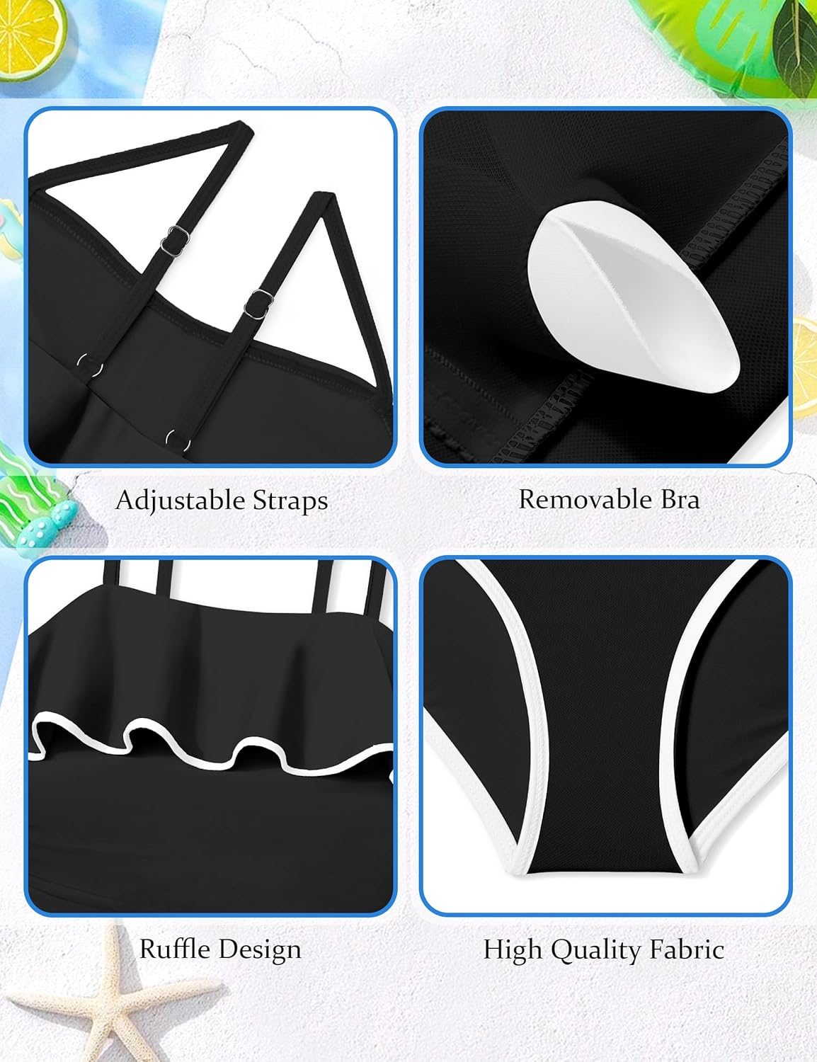 Girls Swimsuit Ruffle One Piece Swimsuits Solid Color Bathing Suit for Teens Contrast Trim Swimwear 9-16Y with Padded - Image 5