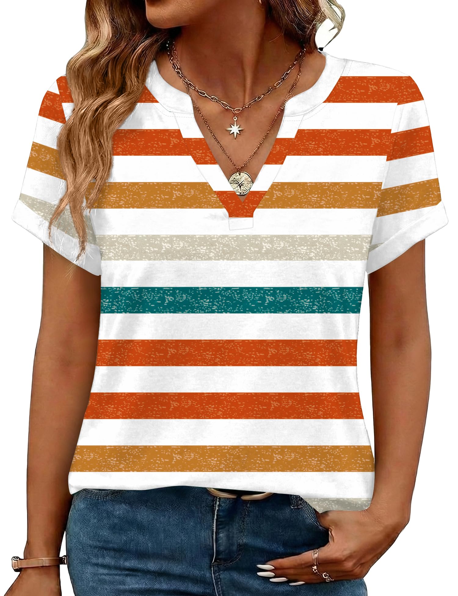 Rapbin Damen Bluse Kurzarm V-Ausschnitt Elegant Tunika Sommer Oberteile Casual Locker T-Shirt Freizeit Tops