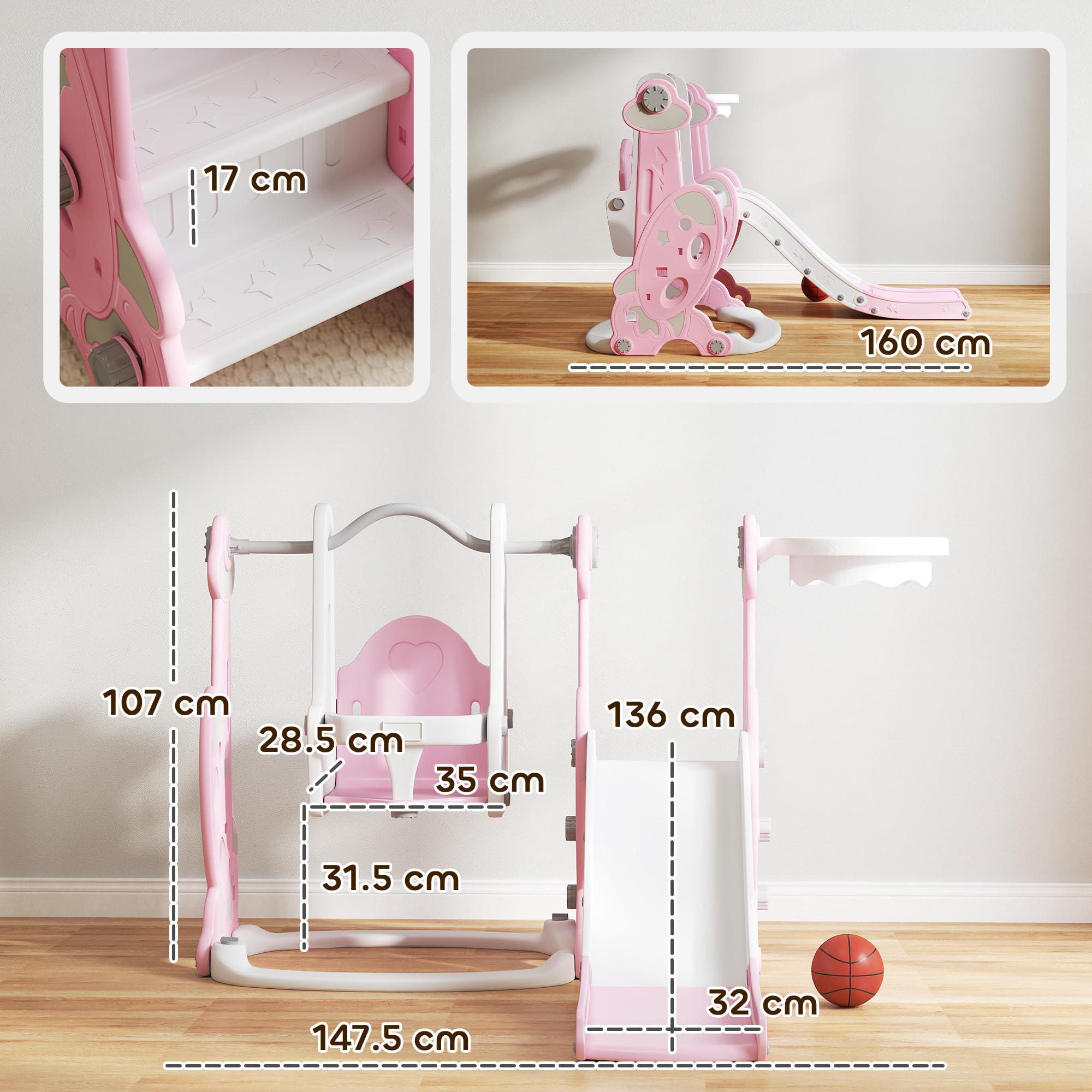 AIYAPLAY Scivolo per Bambini 4 in 1 con Altalena da 18-48 Mesi Rosa | Scivolo da Giardino Autoportante, Scaletta da Arrampicata, Cestino da Basket, Set Parco Giochi per Interni ed Esterni