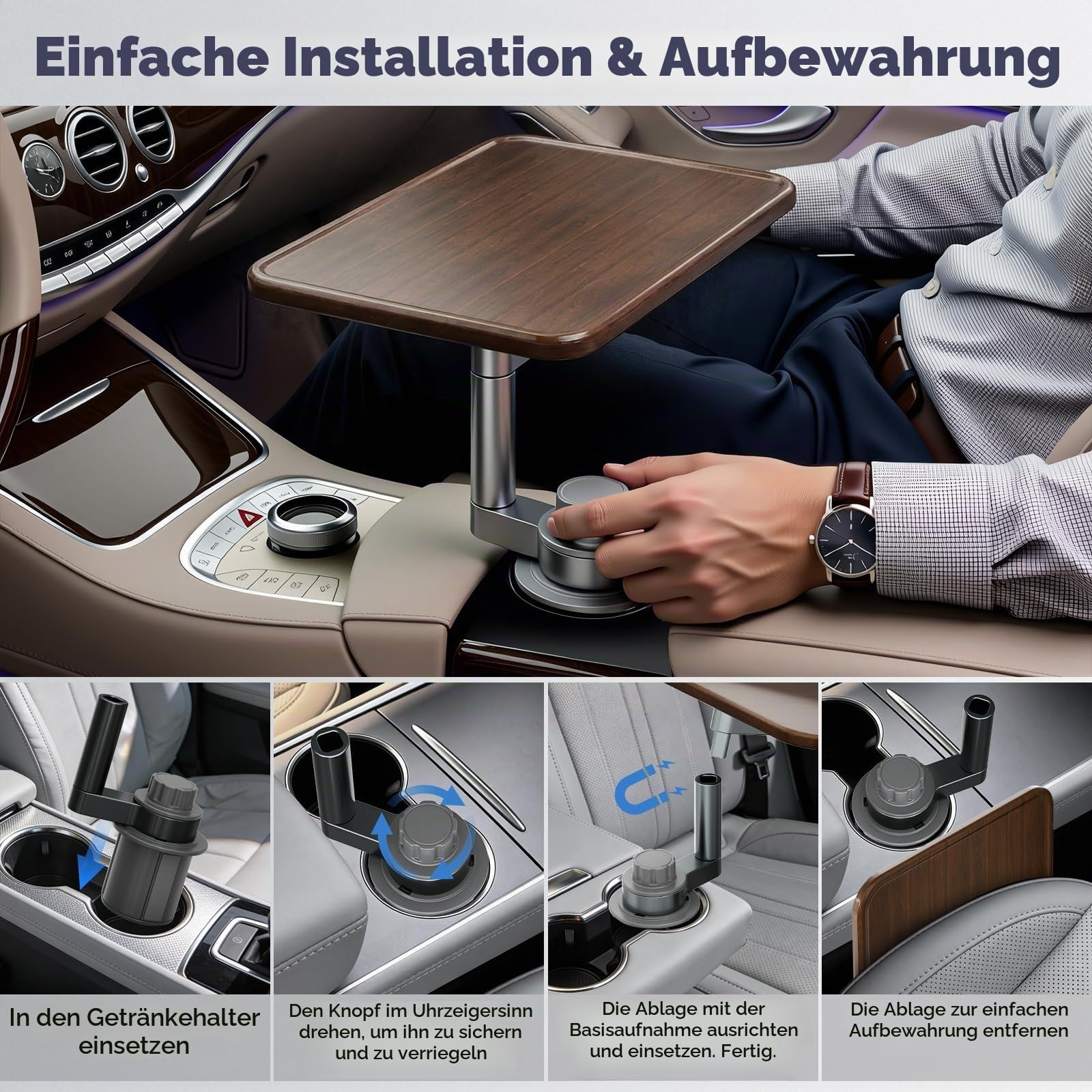 Autotisch für Laptop, Getränkehalter mit 360°-Drehung – Laptophalterung aus Holz für das Auto, Autotisch und Tablett für das Auto, kompatibel mit Tesla-Modellen,Ford und den meisten anderen Fahrzeugen