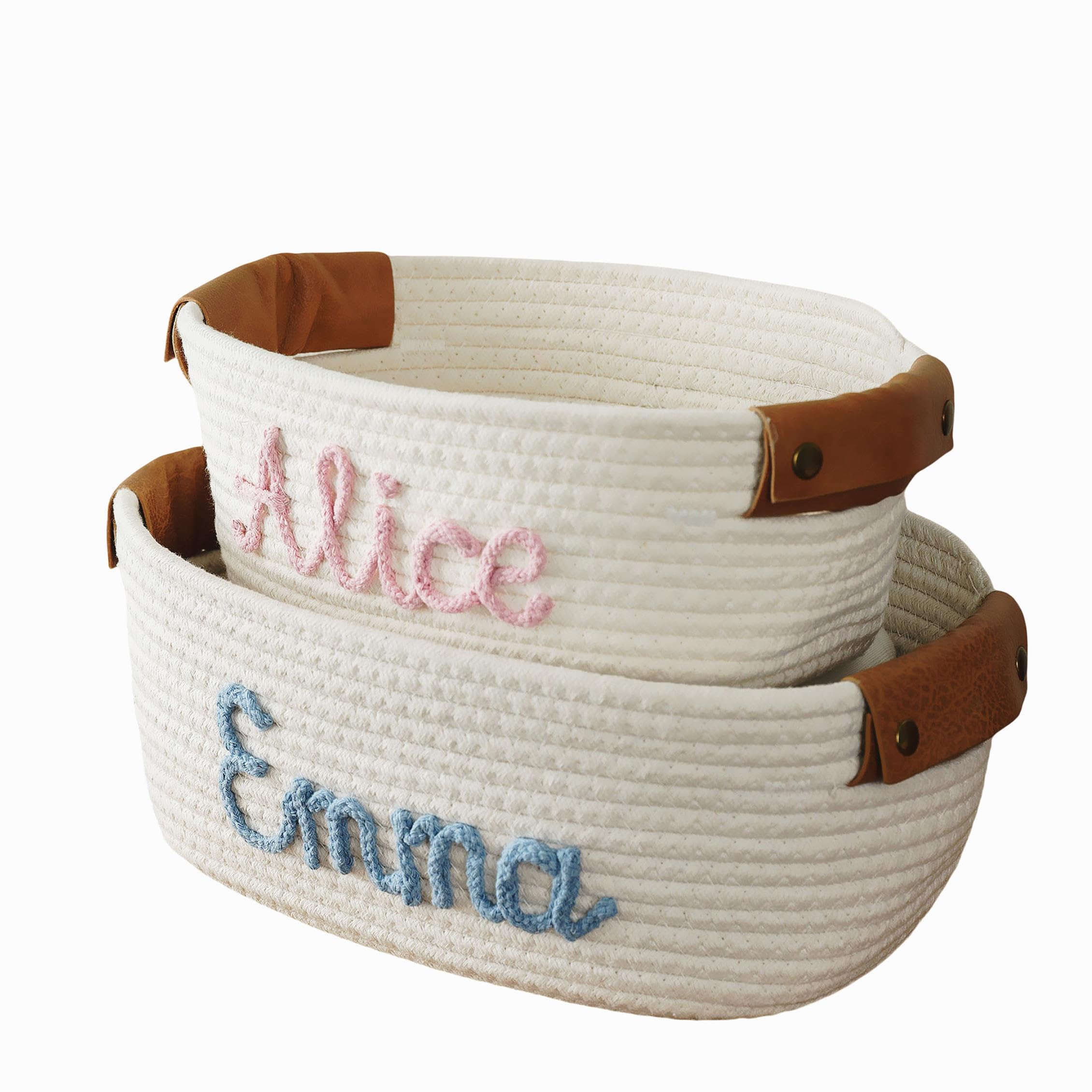 JUPPE Baptism and Newborn Baby Show Gift Basket with Personalized Name, Toys and Storage Organizer Custom Baby Shower Basket Gift Cotton Rope Basket Gift Nursery Decor Newborn Gifts (Style 1)