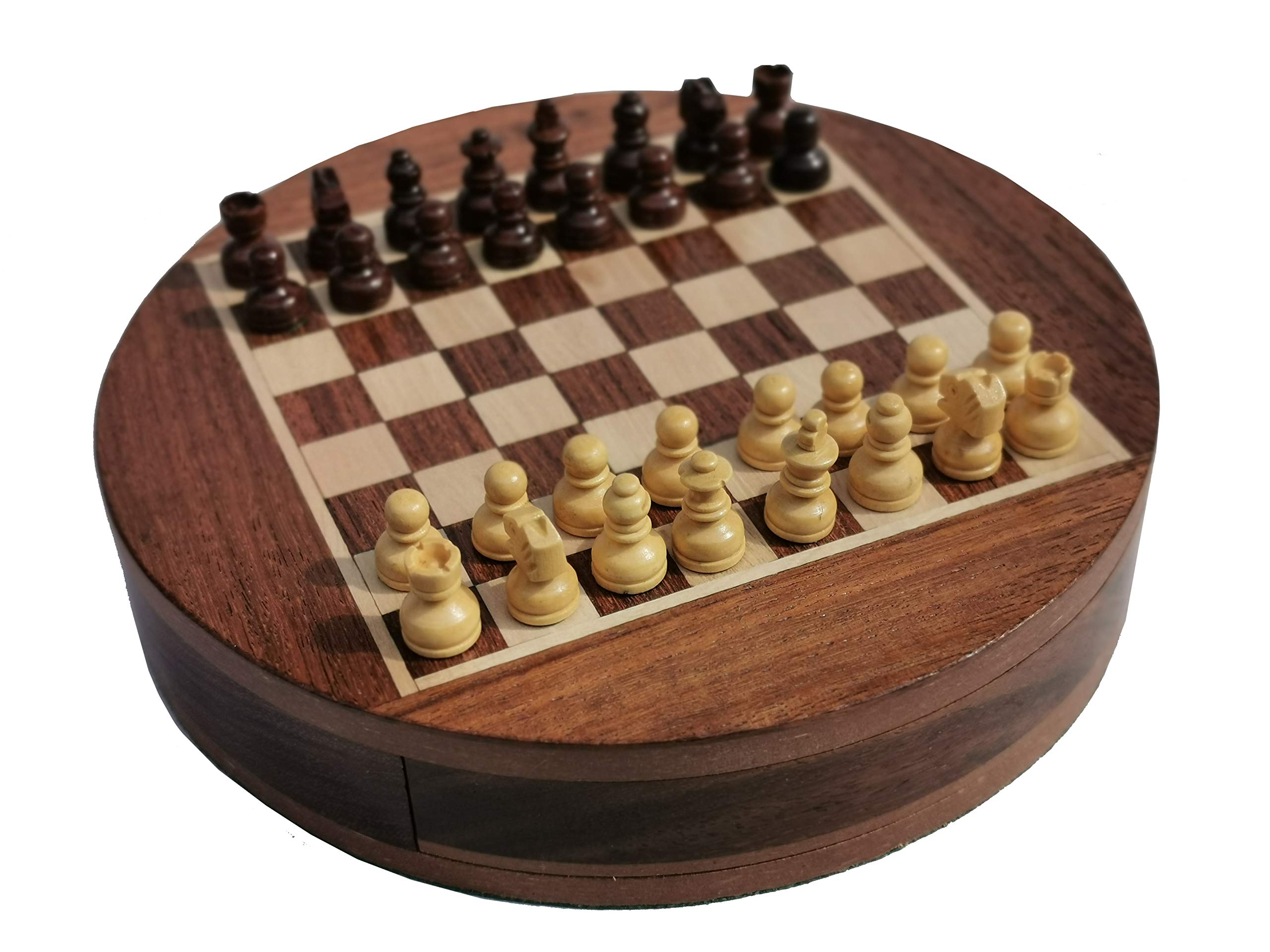 SchachQueen - Ajedrez Viajero, Redondo, magnético, con Incrustaciones de Acacia/Madera de boj – Diámetro de 16 cm, KH 20 mm, FG 12 mm
