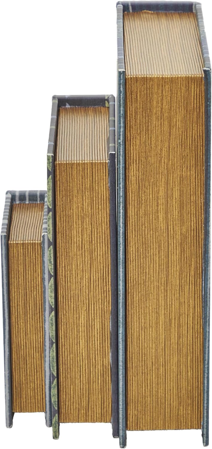 Deco 79 Faux Leather Decorative Box Faux Storage Book Book Shaped Boxes with Varying Striped Patterns, Set of 3 Decorative Keepsake Boxes 12", 9", 6"H, Blue