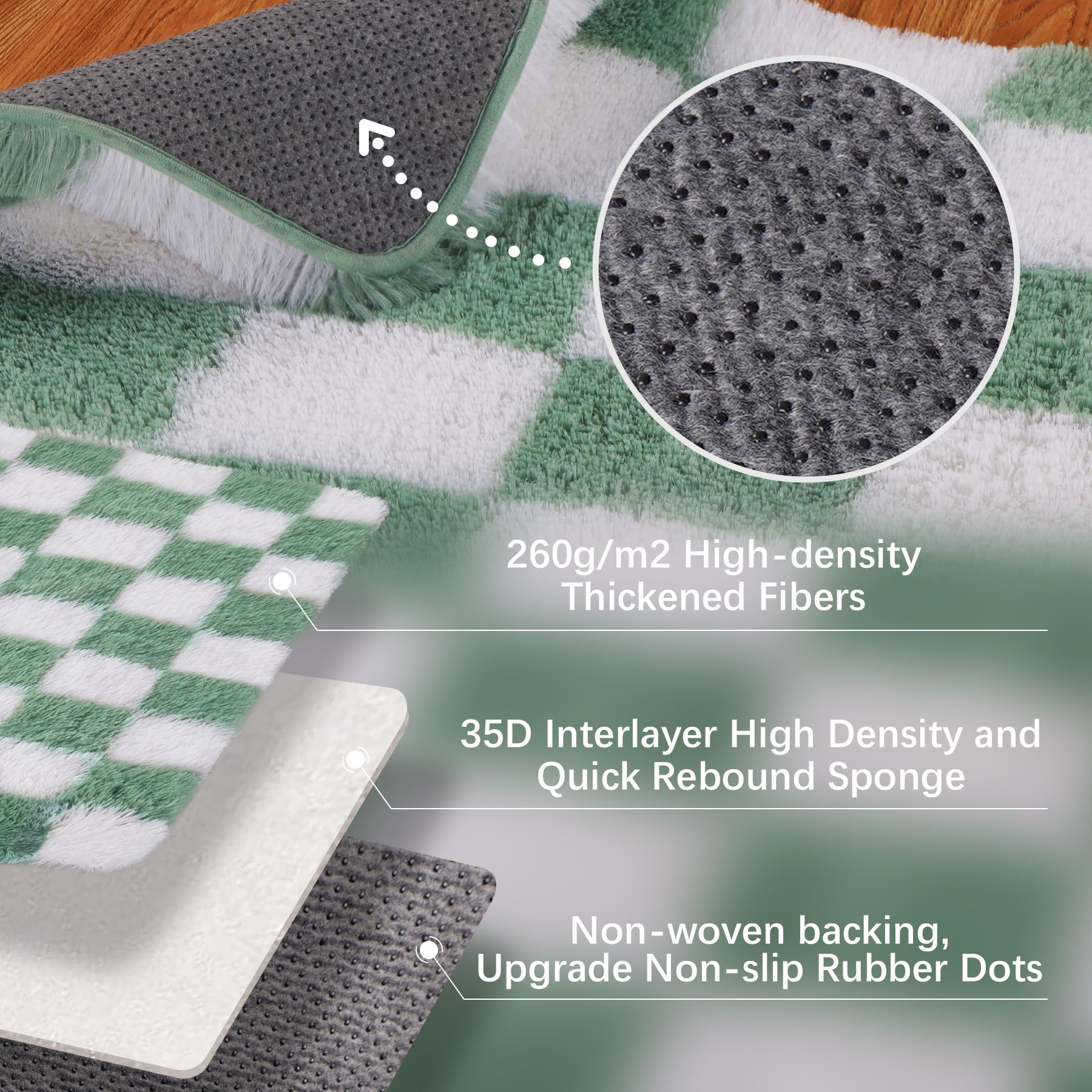 Tapis à carreaux pour chambre à coucher, 90x150cm vert sauge et blanc, tapis de salon pour chambre d'enfant, chambre de bébé, crèche, décoration de salon, moelleux doux et duveteux, tapis de
