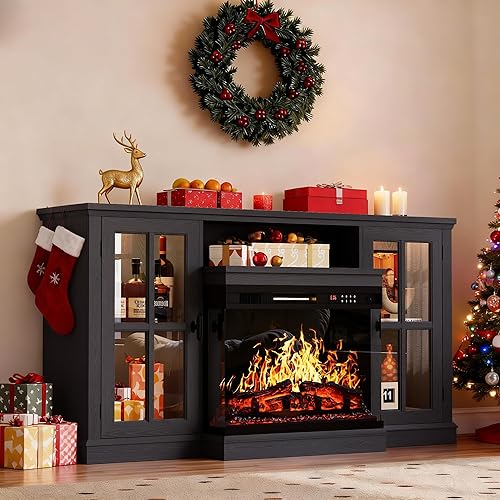 YESHOMY Glass Fireplace TV Stand for Televisions up to 65", Media Entertainment Center Console Table with Led Lights, Black