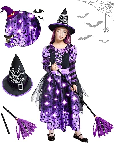 Light Up Halloween Witch Costume for Girls - Purple and Black Wicked Witch Cute Princess Cosplay Dress Up Deluxe Set