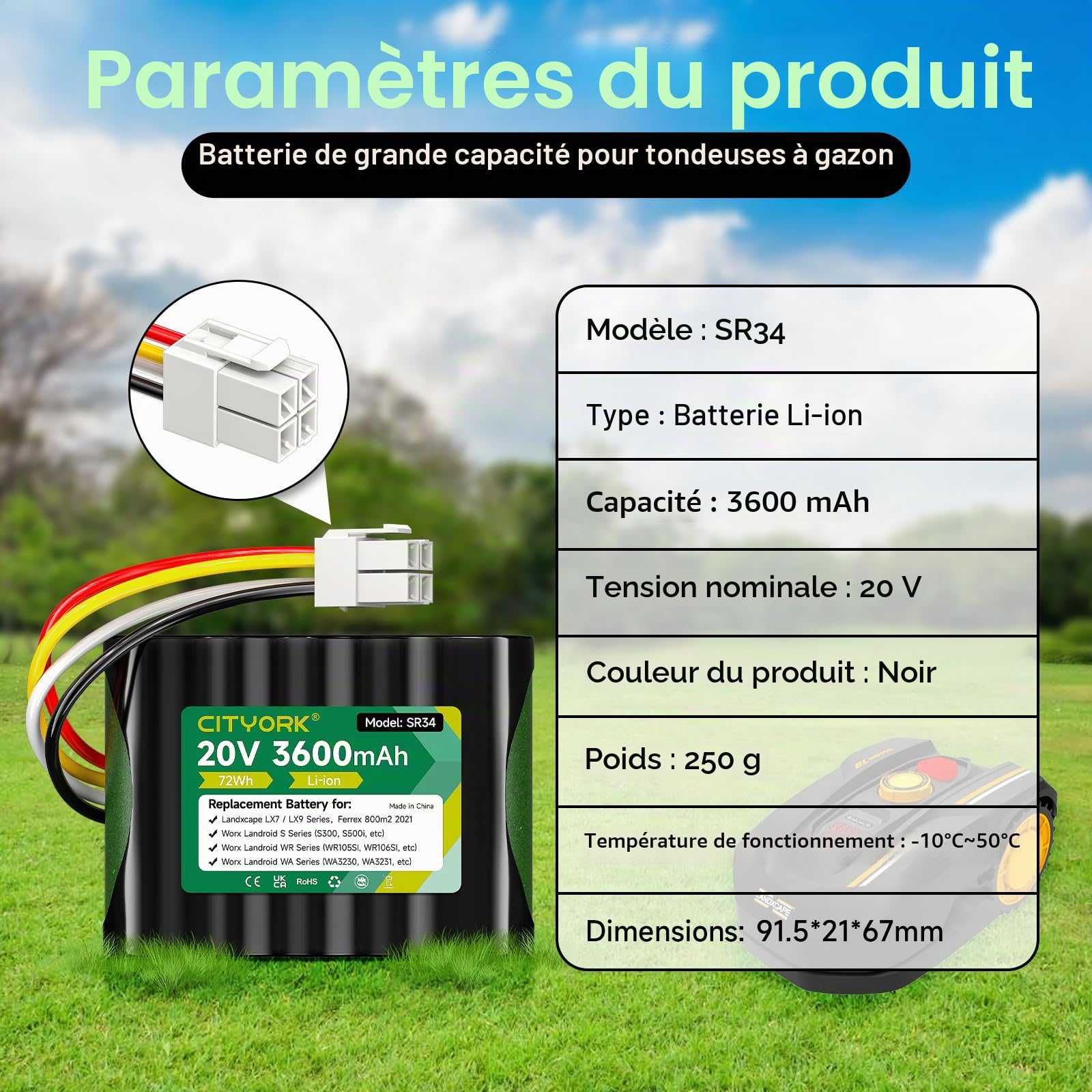 CITYORK 20 V/ 3600mAh Tondeuse Batterie pour Worx Landroid S300, S390, S300i, S450i, S500i,S700i, Worx WR100SI/101SI/102SI/WA3230/WA3231, pour Landxcape LX790, LX790i, LX792, LX795,LX835, LX991, LX992