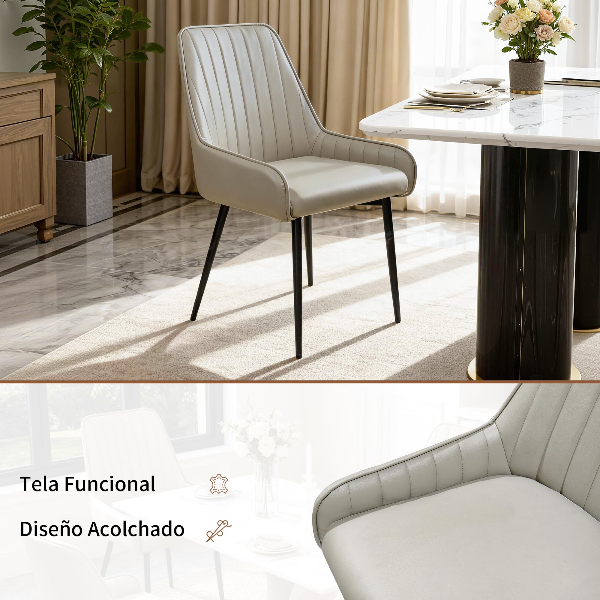 BonVache Juego de 4 Sillas de Comedor Tapizadas, Sillas con Brazos de Polipiel, Sillas de Cocina Modernas con Patas Metálicas, Sillas con Respaldo para Comedor o Salón, Gris Beige