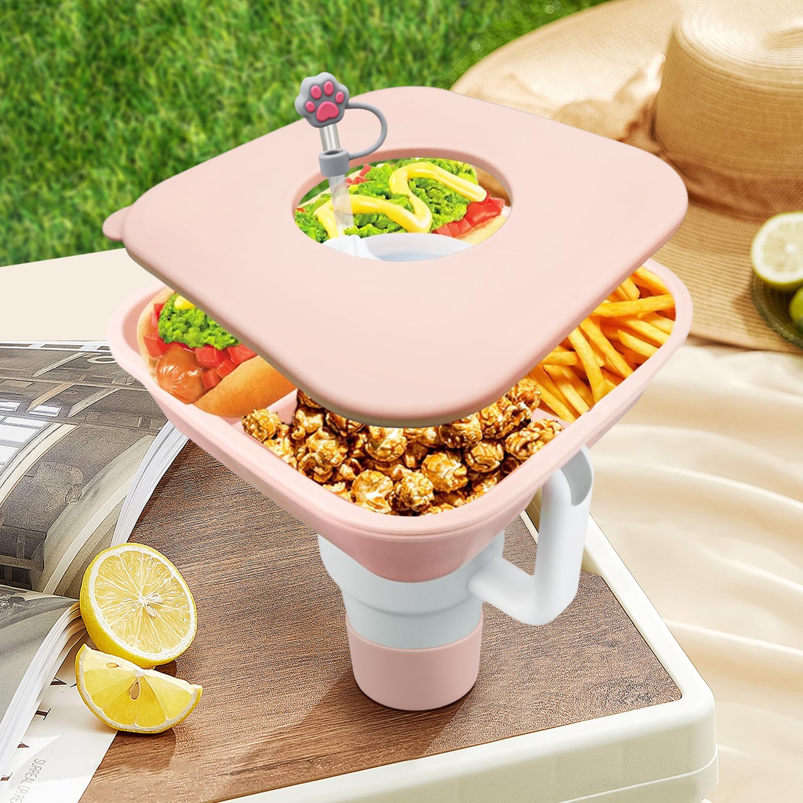 Ciotola per snack per Stanley Cup, vassoio per snack compatibile con Stanley Cup da 1134 g, con manico, per bambini e adulti, supporto riutilizzabile in silicone per snack e caramelle