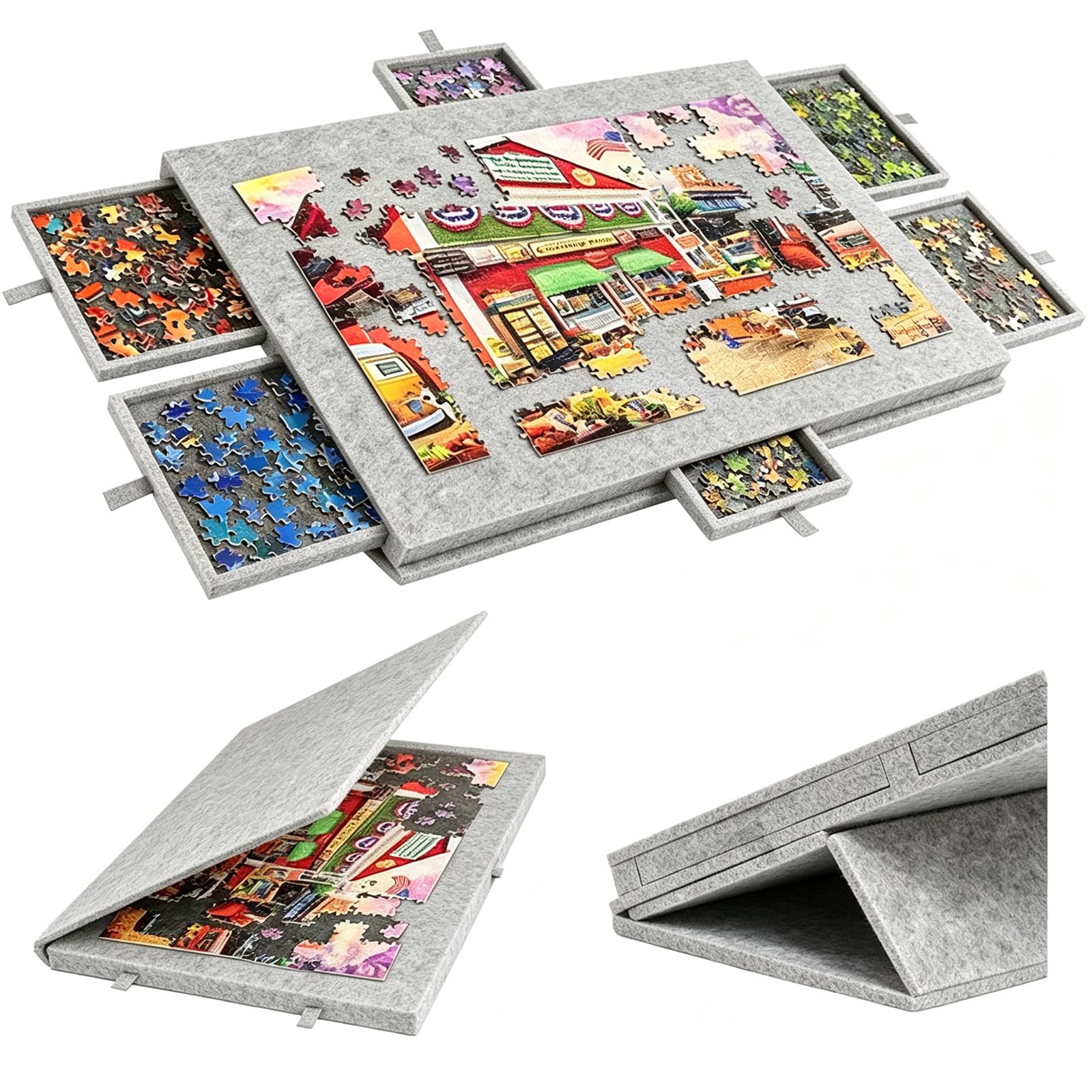 Deska do puzzli 2 w 1 na 1000 elementów z 6 szufladami, uchylny i składany stół do puzzli z filcu z pokrywą i stojakiem, przenośna teczka do przechowywania puzzli (srebrno-szara)