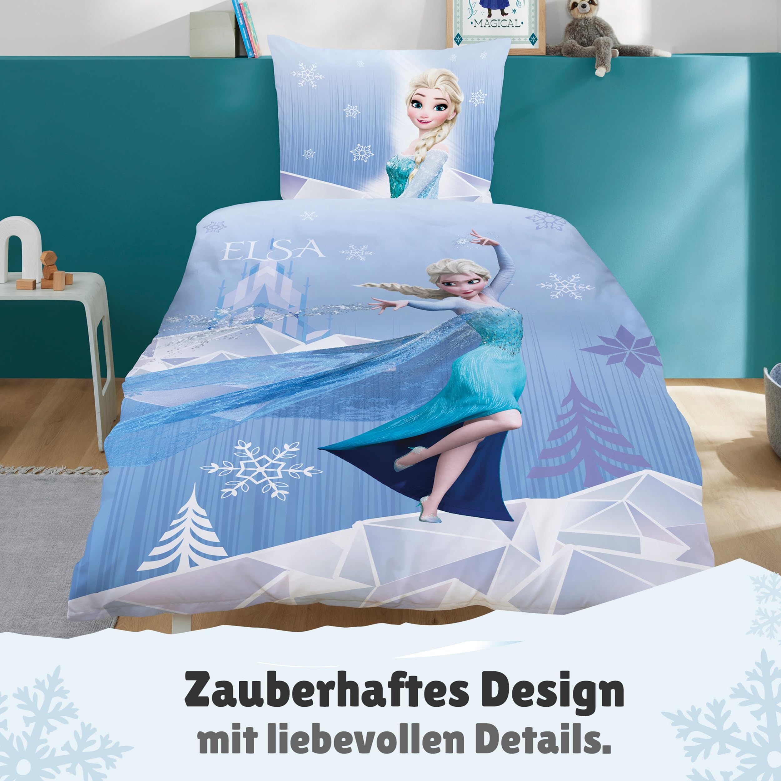 Familando Frozen Bettwäsche-Set (2-teilig) – Decken- & Kissenbezug 135x200 cm & 80x80 cm mit Reißverschluss – Flanell aus 100% Baumwolle – Wendemotiv mit Anna & ELSA – Öko-TEX Zertifiziert – Winter